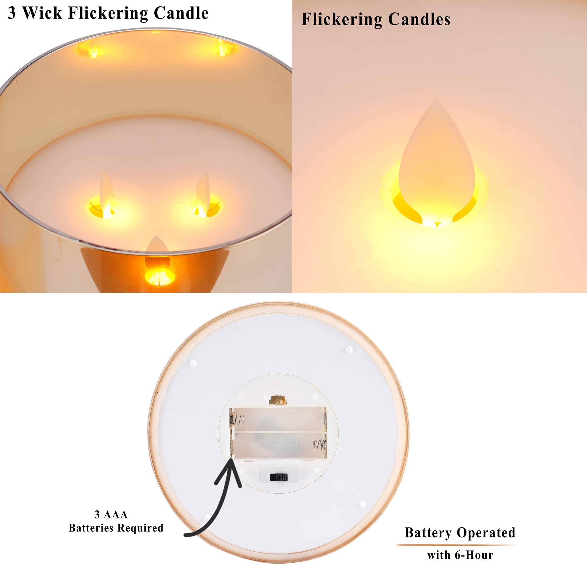 JHY DESIGN 6-Inch Large Flameless LED Candle with 3 Wicks - Battery Operated Moving Flame Effect, 6-Hour Timer, Realistic 3D Glass Design - Perfect for Christmas Decor, Party Centerpiece, Wedding, Living Room, Dining Table & Bar Decor (Gold)