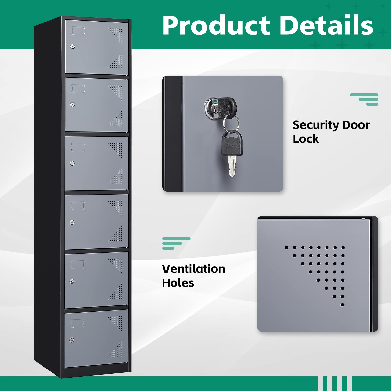 Letaya 6-Door Metal Storage Locker - Steel Organizer Cabinet with Lock for Employees, School, Gym, Home & Office - Secure Storage Solution for Staff Belongings, Kids Room Organization & Workplace Essentials (Black Gray)