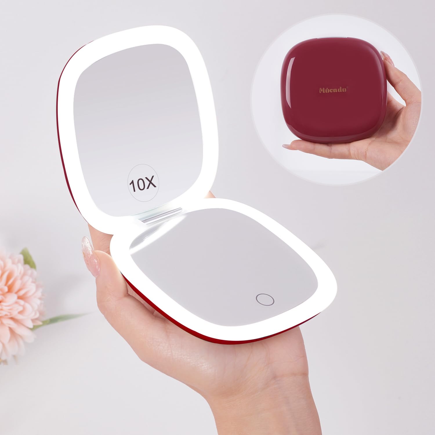 Mocado 4-Inch Compact LED Travel Makeup Mirror - 1X/10X Magnification with Dimmable Light, USB Rechargeable, Dual-Sided Portable Mirror for Purse, Pocket & Travel (Wine Red) - Perfect for Home, Office, Hotel & On-The-Go Touch Ups