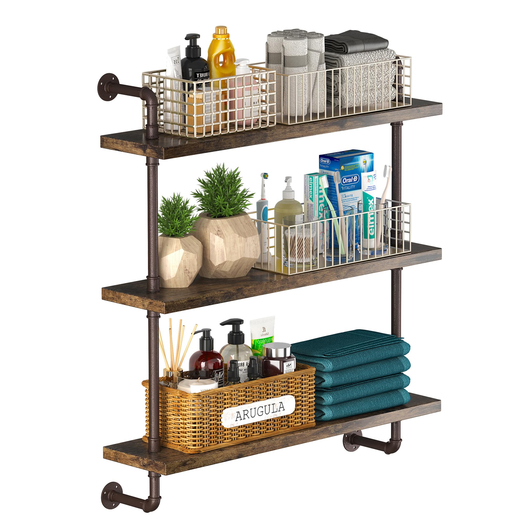 PUSDON 32 Inch Industrial Pipe Wall Mounted Shelving - 3 Tier Metal Floating Shelf in Bronze for Bathroom, Living Room, Office | Heavy Duty Storage Rack for Books, Decor, Plants | Farmhouse, Garage, Bar & Home Organization Solution