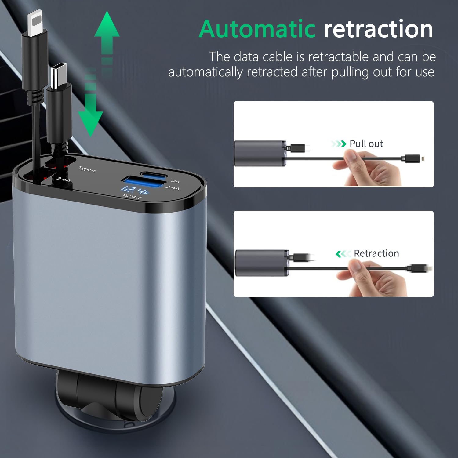 Paiholy 100W 4-in-1 Retractable Car Charger with Dual USB-C & USB-A Ports, Voltage Display & Built-in Cables - Fast Charging Compatible with iPhone 16/15/14/13/12, Samsung Galaxy S24/S23, Google Pixel - Perfect for Road Trips, Commuting & Multi-Device Charging On-The-Go