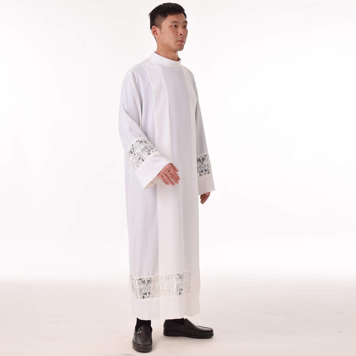 BLESSUME Priest Alb Liturgical Church Garment - White Cross Lace Box Pleated Chasuble for Catholic Mass, Baptism & Communion Ceremonies