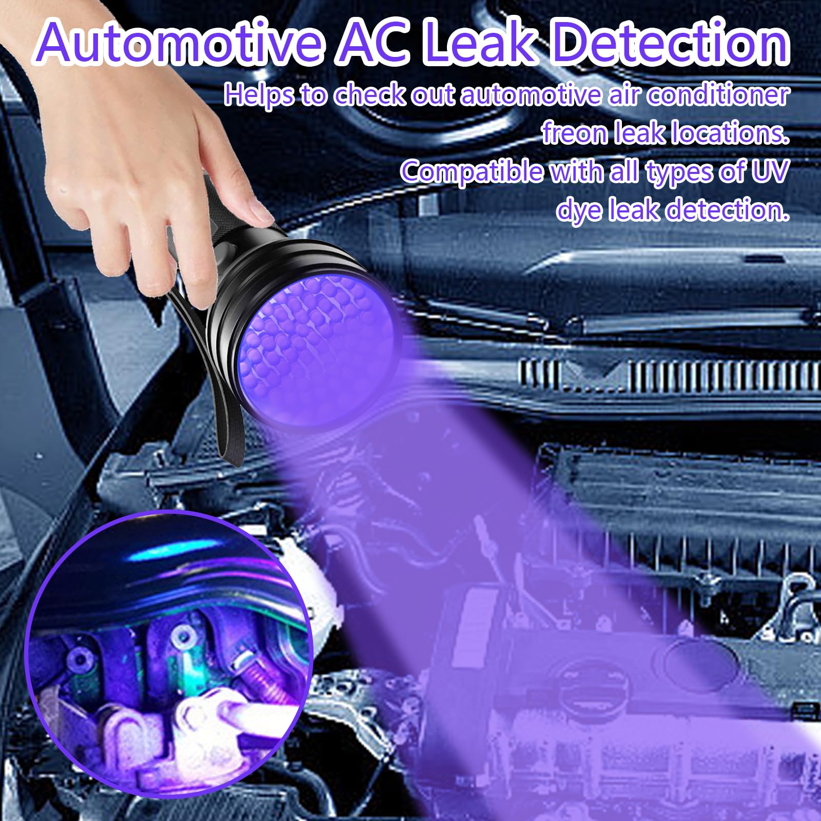 Auto AC Leak Detector Kit with UV Flashlight & Oil Dye - Professional Air Conditioner Leak Detection Tool with Protective Glasses - Perfect for Car AC Repair, HVAC Maintenance, and Refrigerant Leak Testing