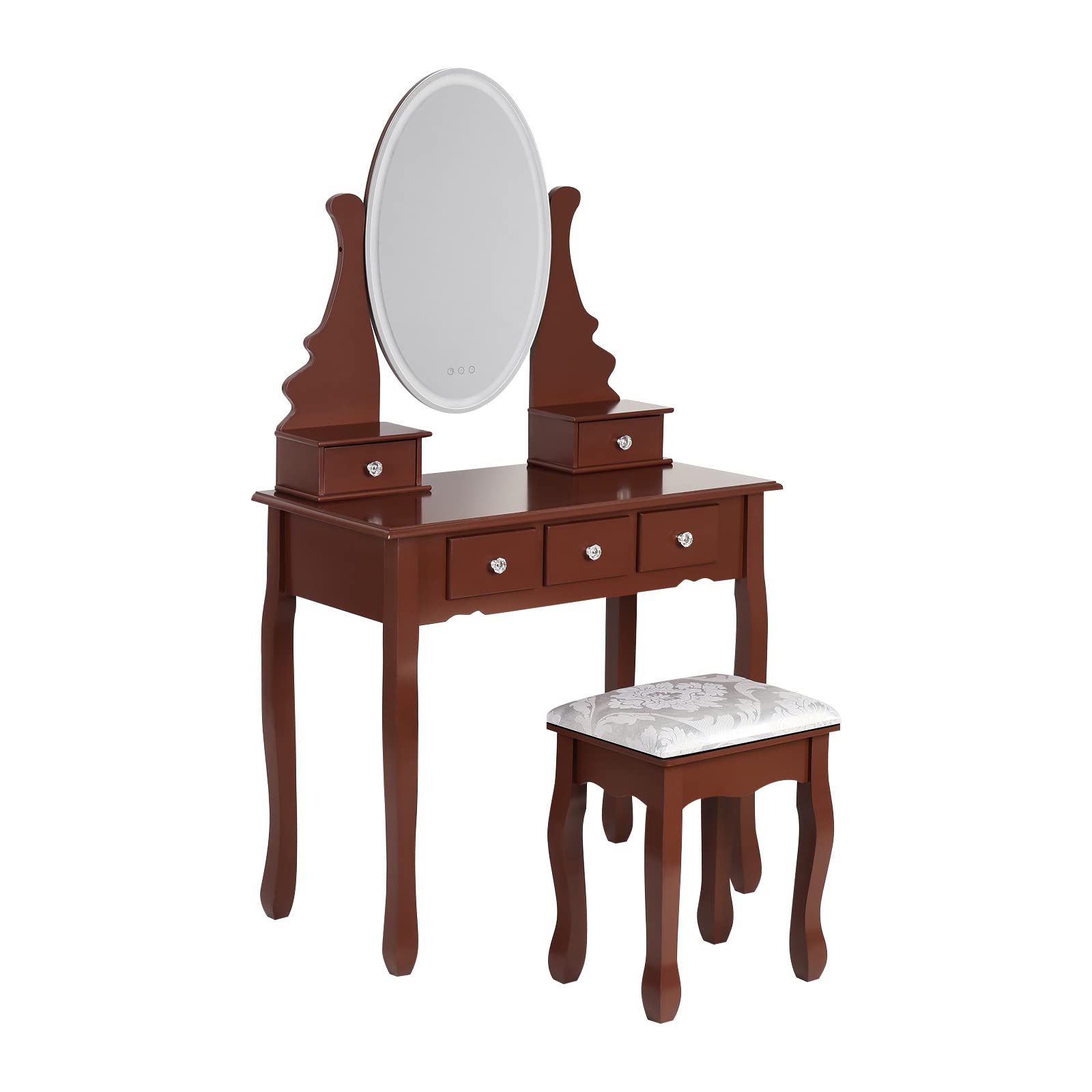 MATTAWA Vanity Table Set with LED Lighted Mirror - Modern Makeup Dressing Table with Touch Switch, 5 Drawers & Removable Organizer - Includes Comfortable Cushion Stool - Perfect for Bedroom, Boudoir & Beauty Salon Makeup Station