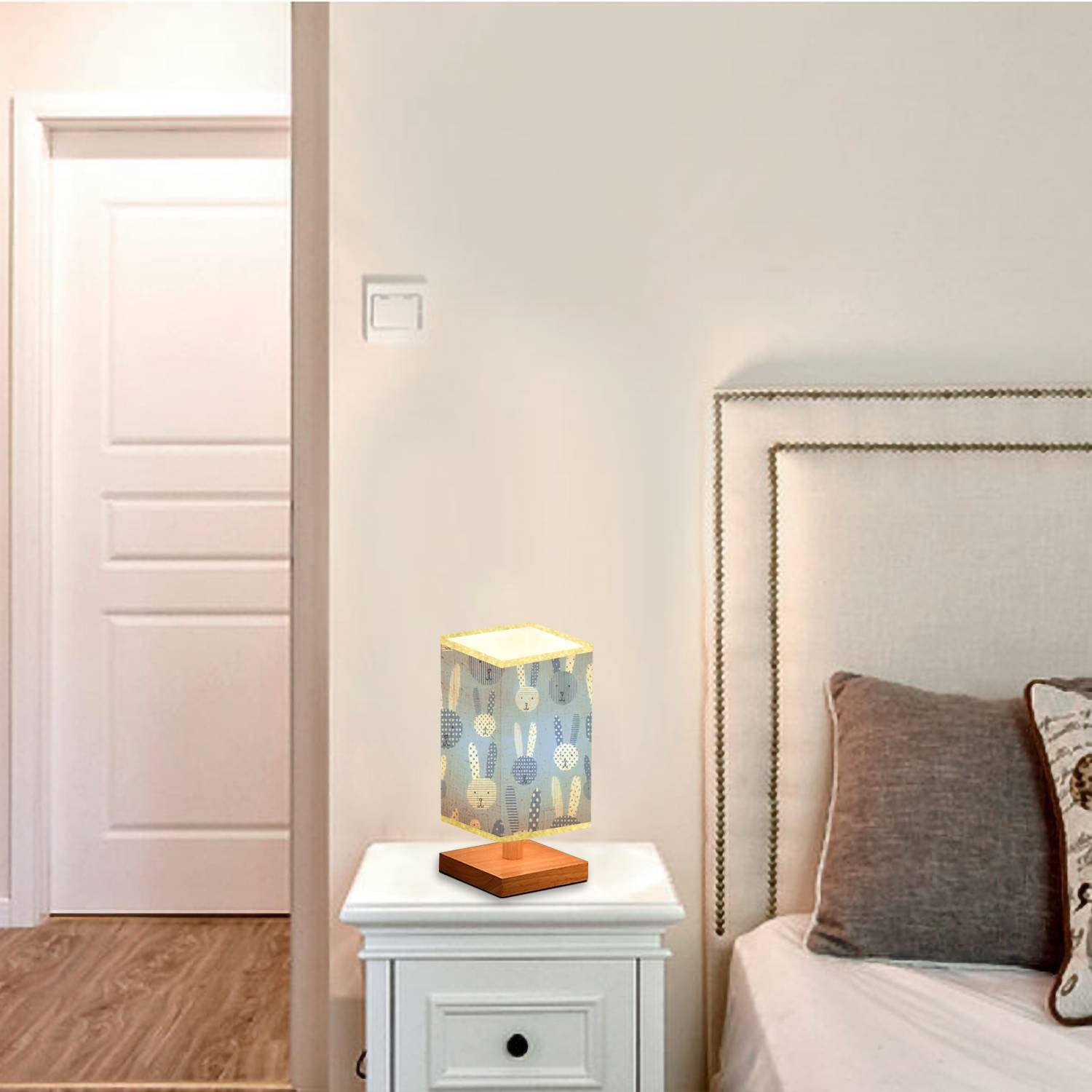 Cute Bunnies Nightstand Lamp - Wooden Base with Flaxen Fabric Shade, Dimmable Bedside Table Lamp for Kids Room, Nursery, Bedroom & Living Room - Blue & White Seamless Design for Cozy Nighttime Reading & Relaxation