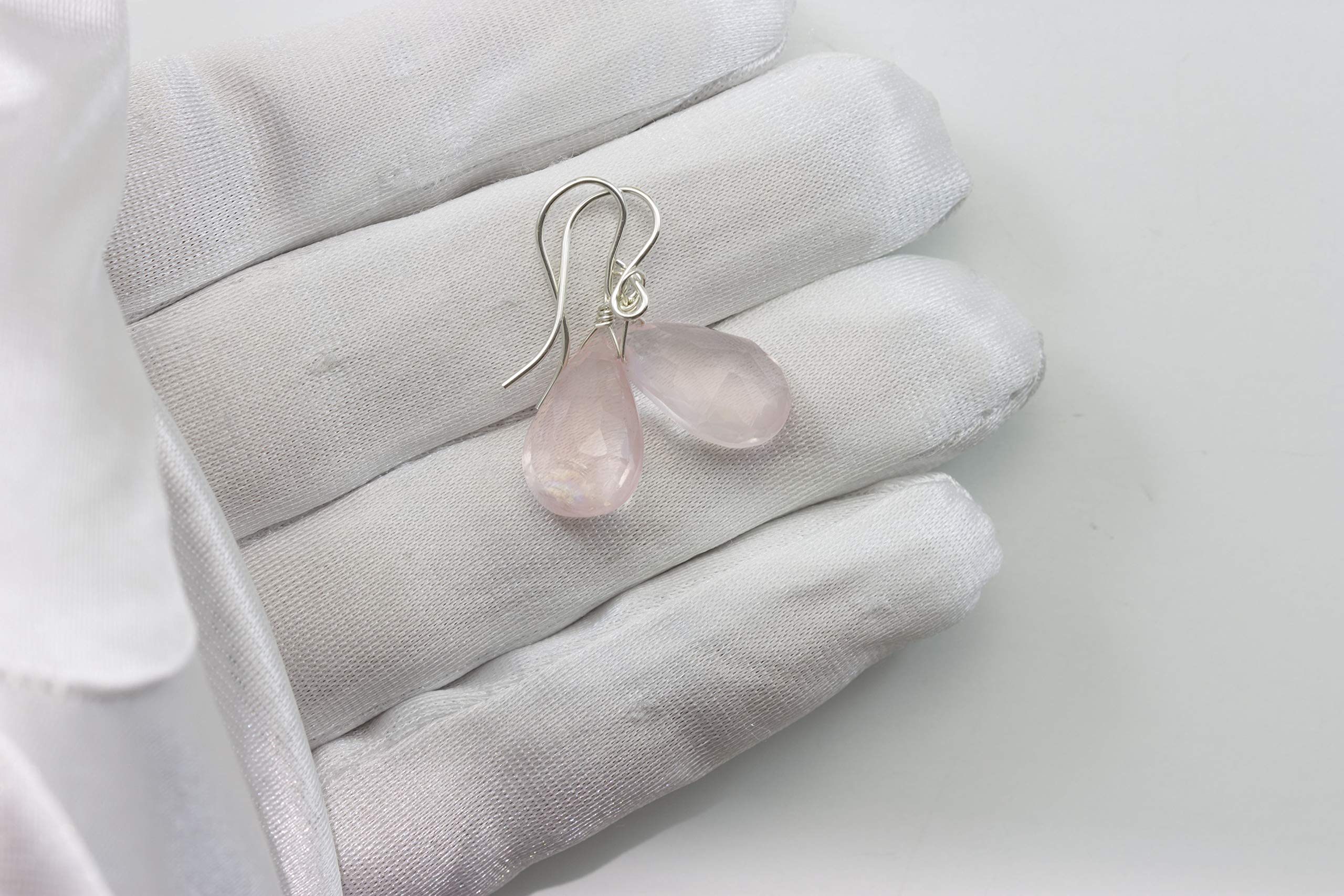 14K Sterling Silver Rose Quartz Earrings - Faceted Pear Teardrop Dangle Briolette for Women | Elegant Jewelry Gift for Valentine's Day, Anniversary & Special Occasions
