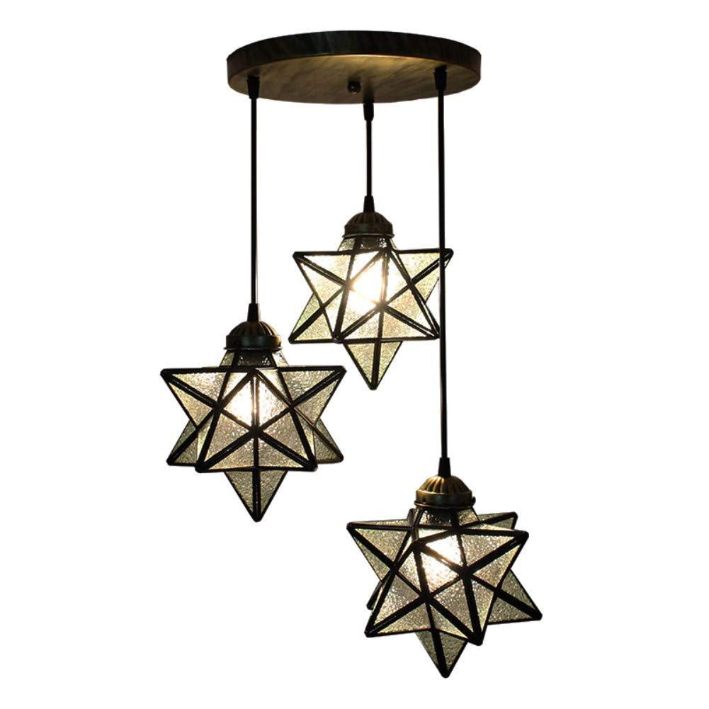 Teimi&Ritou 3-Light Round Base Moravian Star Chandelier - Iron Art Pendant Lamp with Crystal Glass for Dining Room, Living Room & Bedroom Lighting