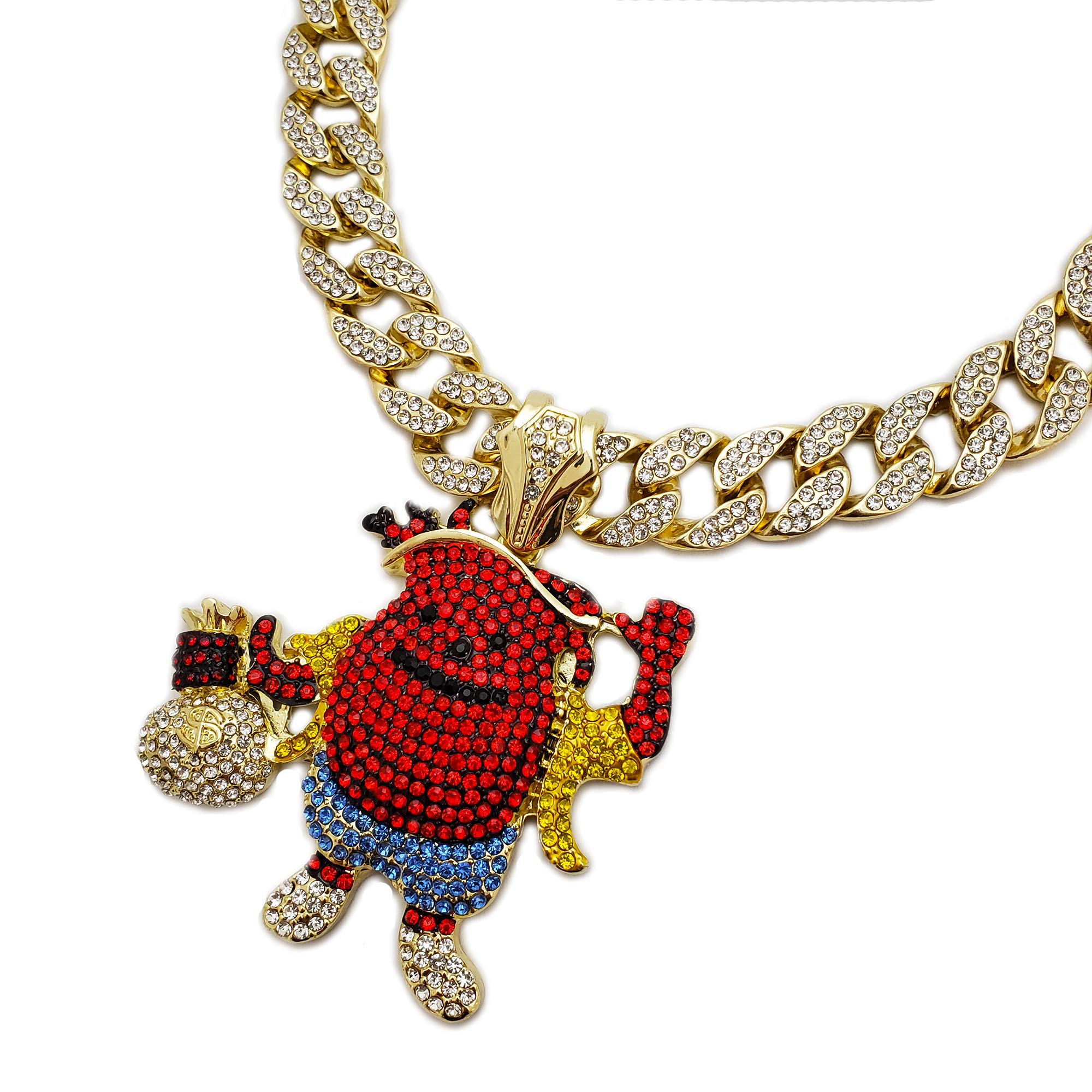 Kool Aid Man Hip Hop Pendant with Money Bag & 18 Inch Iced Cuban Link Choker Chain Necklace - Perfect for Streetwear Fashion and Rap Culture Enthusiasts