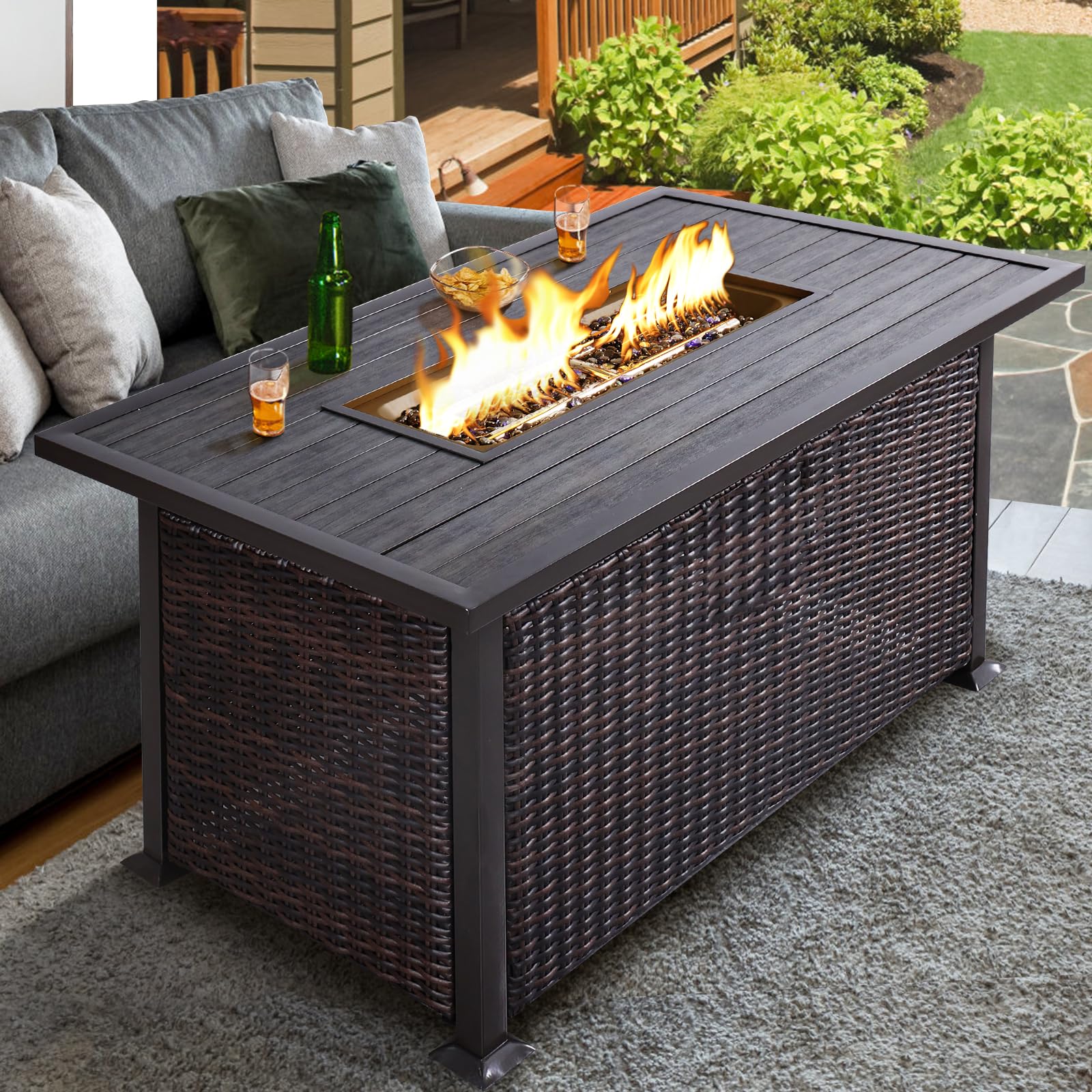 NOBLEMOOD 48 Inch CSA Certified Propane Fire Pit Table - 50,000 BTU Outdoor Gas Fire Pit with Glass Beads & Aluminum Table Top - Waterproof Cover Included - Perfect for Patio, Backyard, Garden & Poolside Gatherings