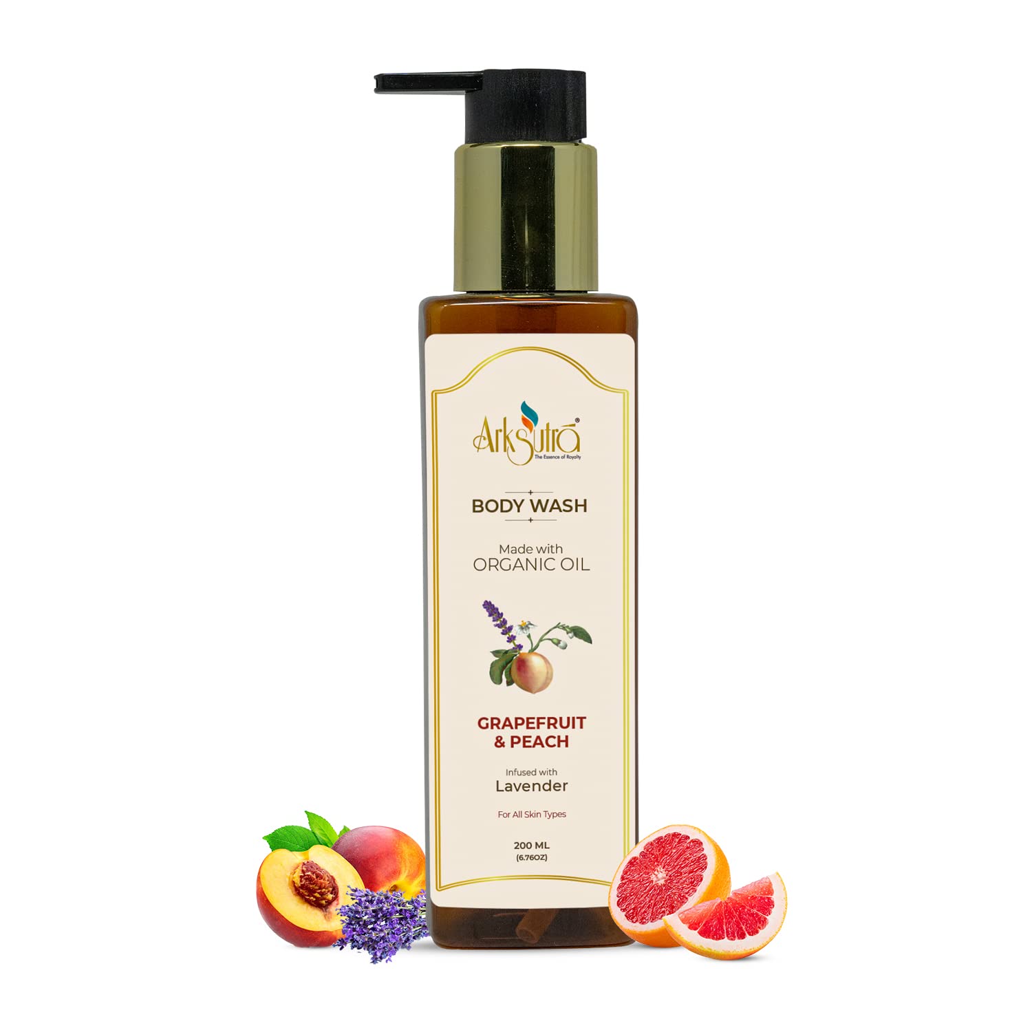 Arksutra Grapefruit & Peach Body Wash - 100% Vegan, Paraben-Free, Cruelty-Free & SLS Free | Made in India with Lavender Infusion | Spicy Woody Scent for Relaxing Shower & Aromatherapy