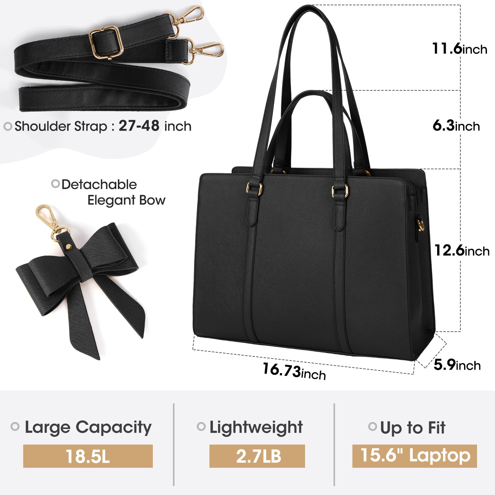 Stylish Waterproof Leather Laptop Tote Bag for Women - Fits 15.6 Inch Notebook, Lightweight Business Briefcase for Office Work & Travel - Professional Black Computer Bag (Perfect for Commuting, Business Meetings & Daily Office Use)