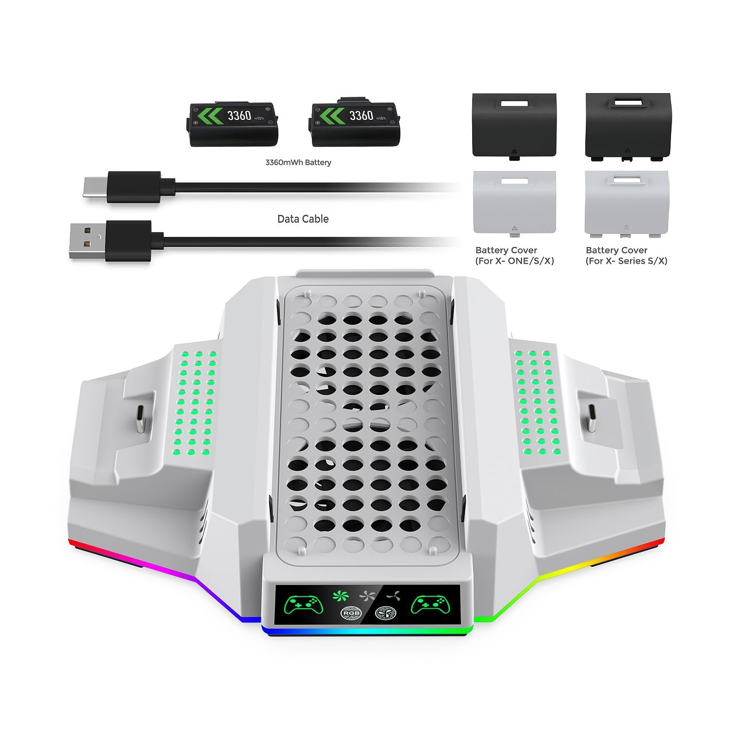 Xbox Series S Cooling Stand with RGB Lights - Dual Controller Charger & Cooling Fan Accessory - Includes 2 Rechargeable Battery Packs (White) - Perfect for Gaming Sessions & Console Protection
