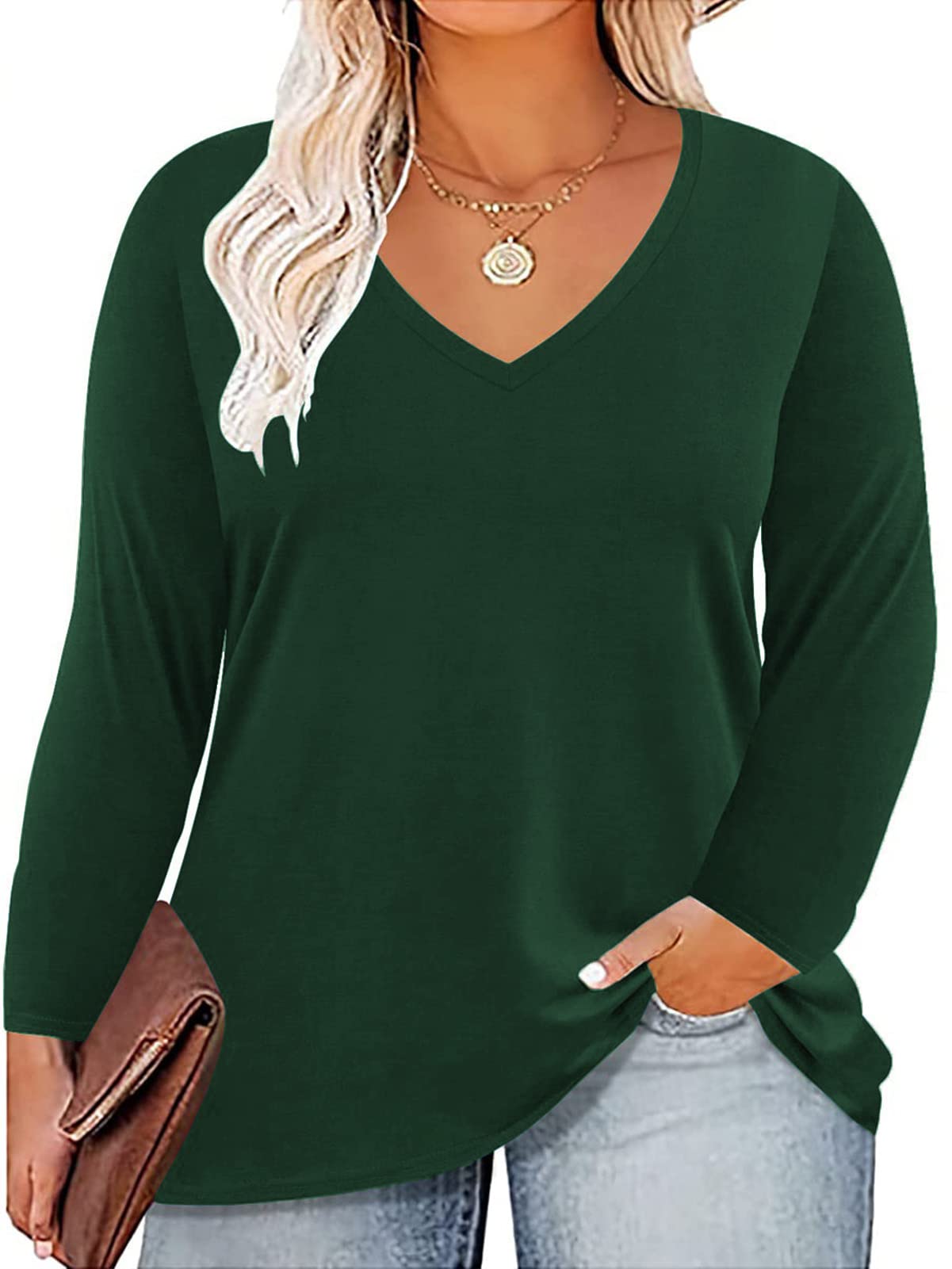 ROSRISS Women's Plus Size Long Sleeve V-Neck Tunic Tops - Solid Color Blouses & Casual Tees for Work, Office & Everyday Wear