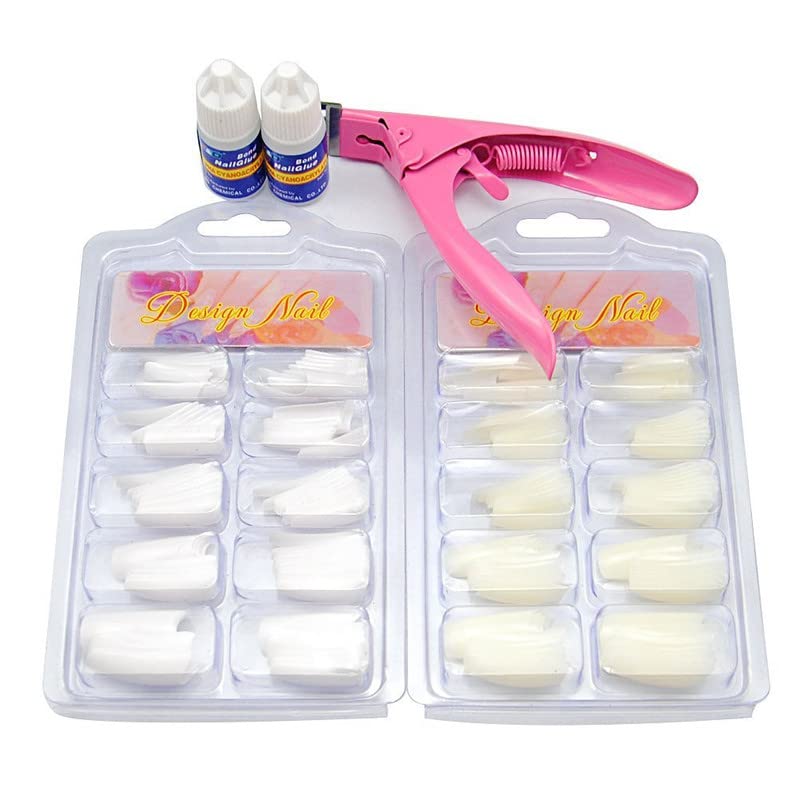 FAMEZA 100Pcs Natural False Nails Kit with Nail Glue & Cutter - Acrylic Press On Nails for Manicure, White Artificial Nails for Women - Perfect for Parties, Weddings & Daily Nail Art