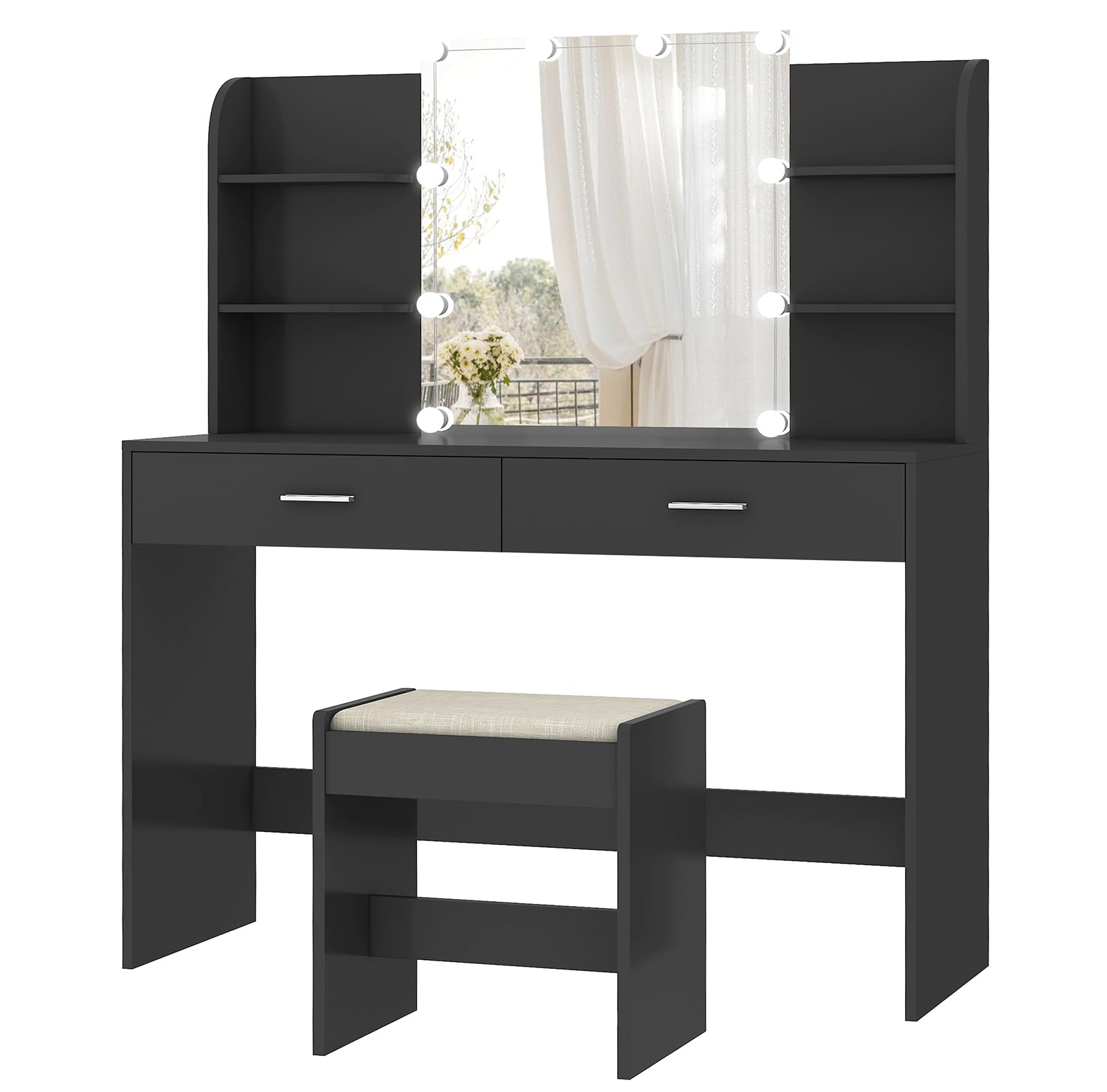 USIKEY Makeup Vanity Desk with LED Mirror & 10 Lights - Dressing Table Set with 2 Drawers, Open Shelves & Cushioned Stool (Black) - Perfect for Bedroom, Bathroom & Beauty Salon Organization