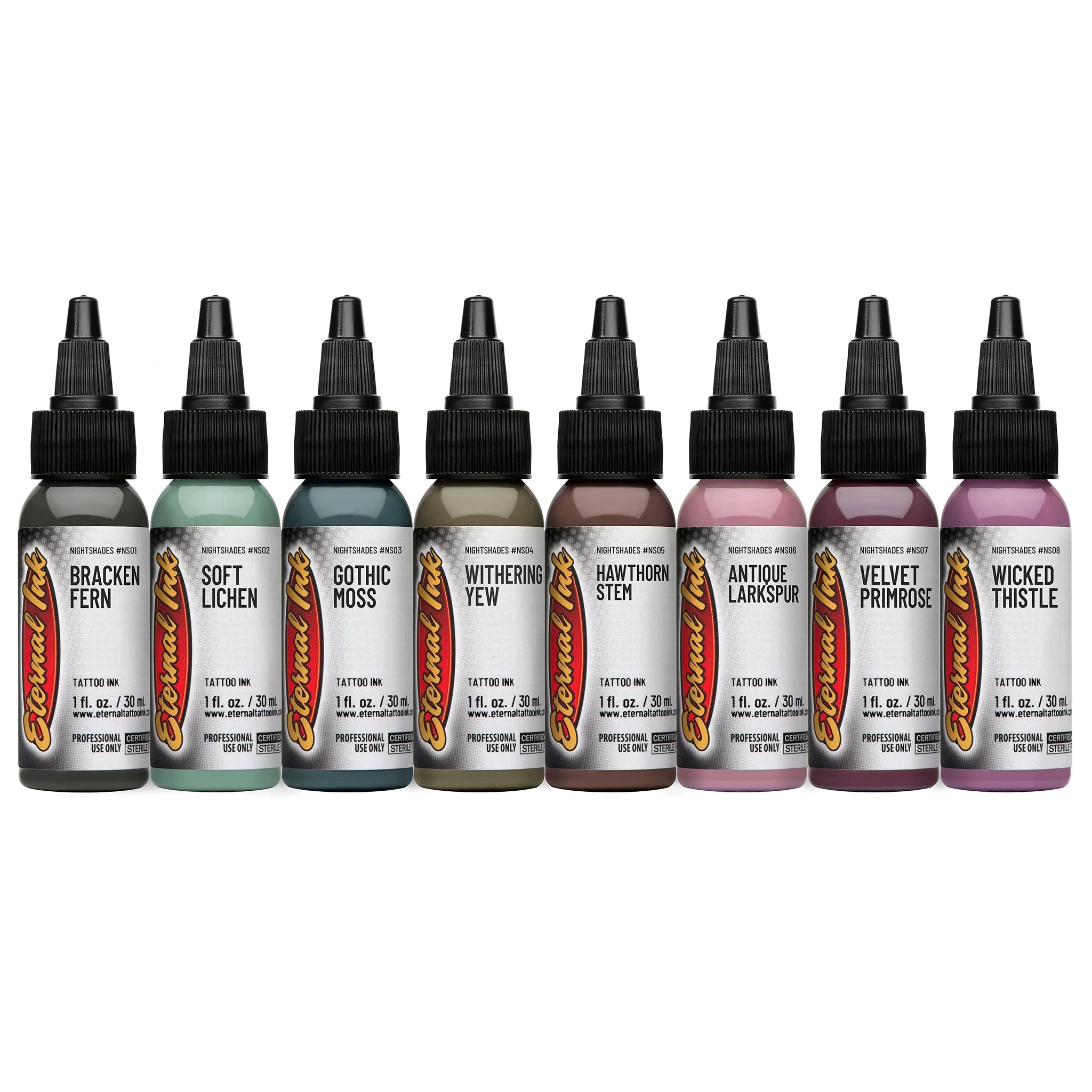 Gia Rose Nightshades Set of 8 Bottles (1oz Each) — Premium Eternal Tattoo Ink for Professional Artists — Perfect for Tattoo Studio, Body Art & Permanent Makeup