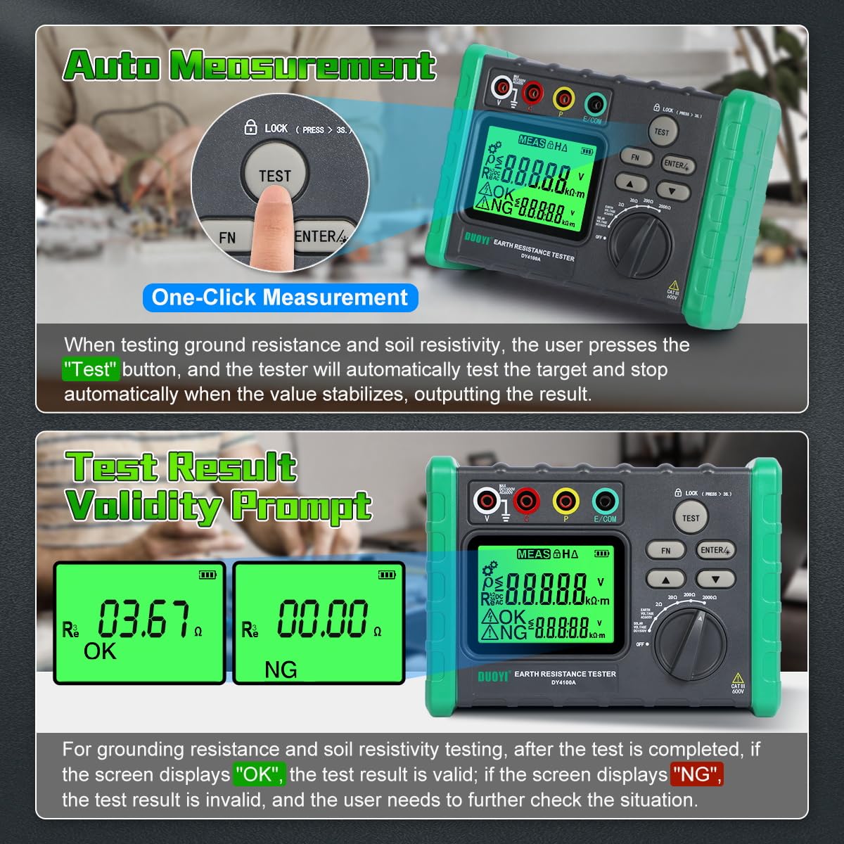 Upgraded Digital Earth Ground Resistance Tester 0.03-2000Ω with LCD Display | 600V AC Voltage & Auto Measurement | Includes Tool Bag & Batteries | Perfect for Electricians, Engineers & DIY Home Electrical Projects