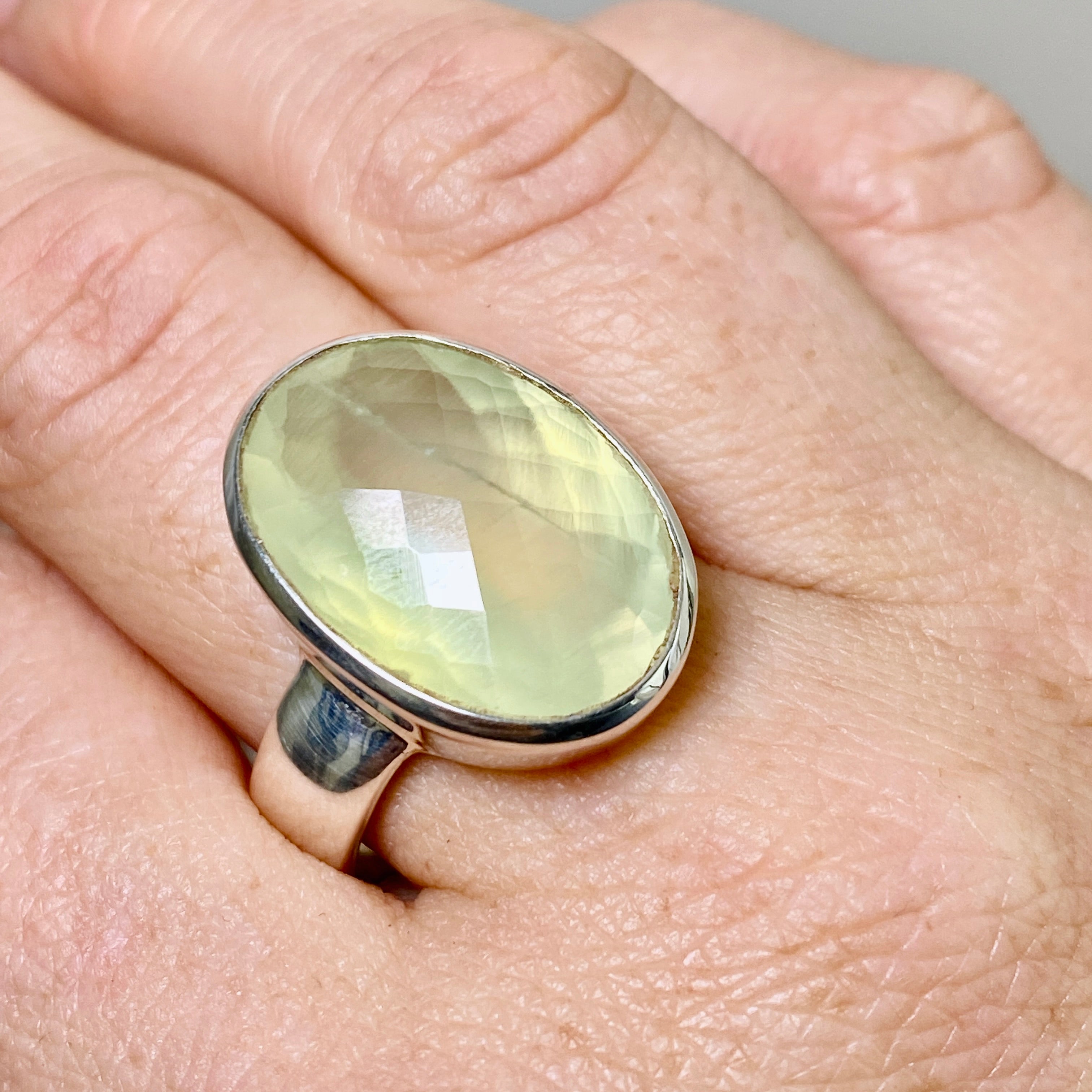 Prehnite Oval Checkerboard Faceted Ring - Size 12 Sterling Silver Jewelry for Women - Perfect for Wedding, Anniversary & Special Occasion Gifts