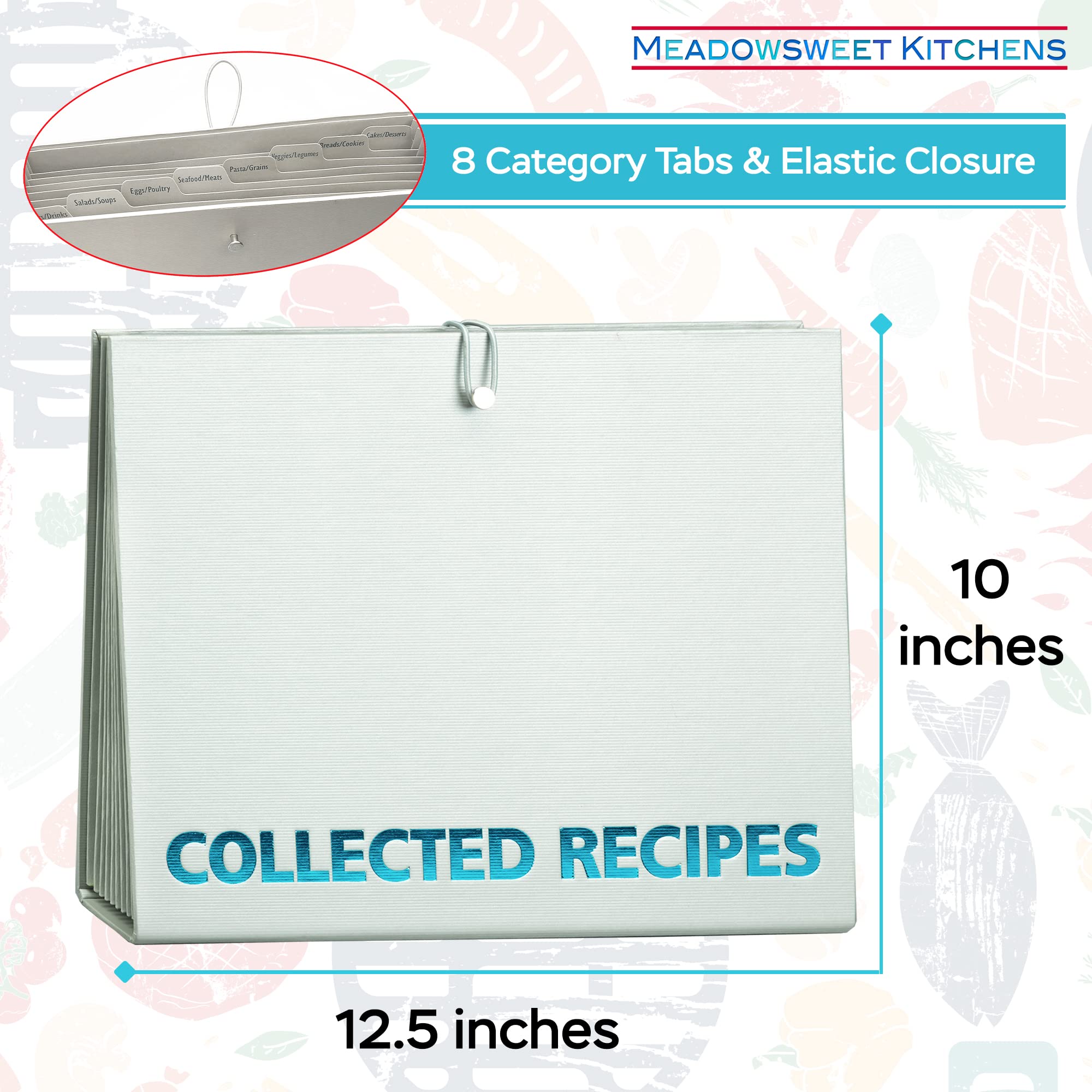 Turquoise & Gray Expanding Accordion Recipe Organizer with Dividers - Kitchen File Folder for Recipes, Coupons & Documents - Perfect for Home Cooks, Meal Planning & Recipe Storage (Meadowsweet Kitchens)