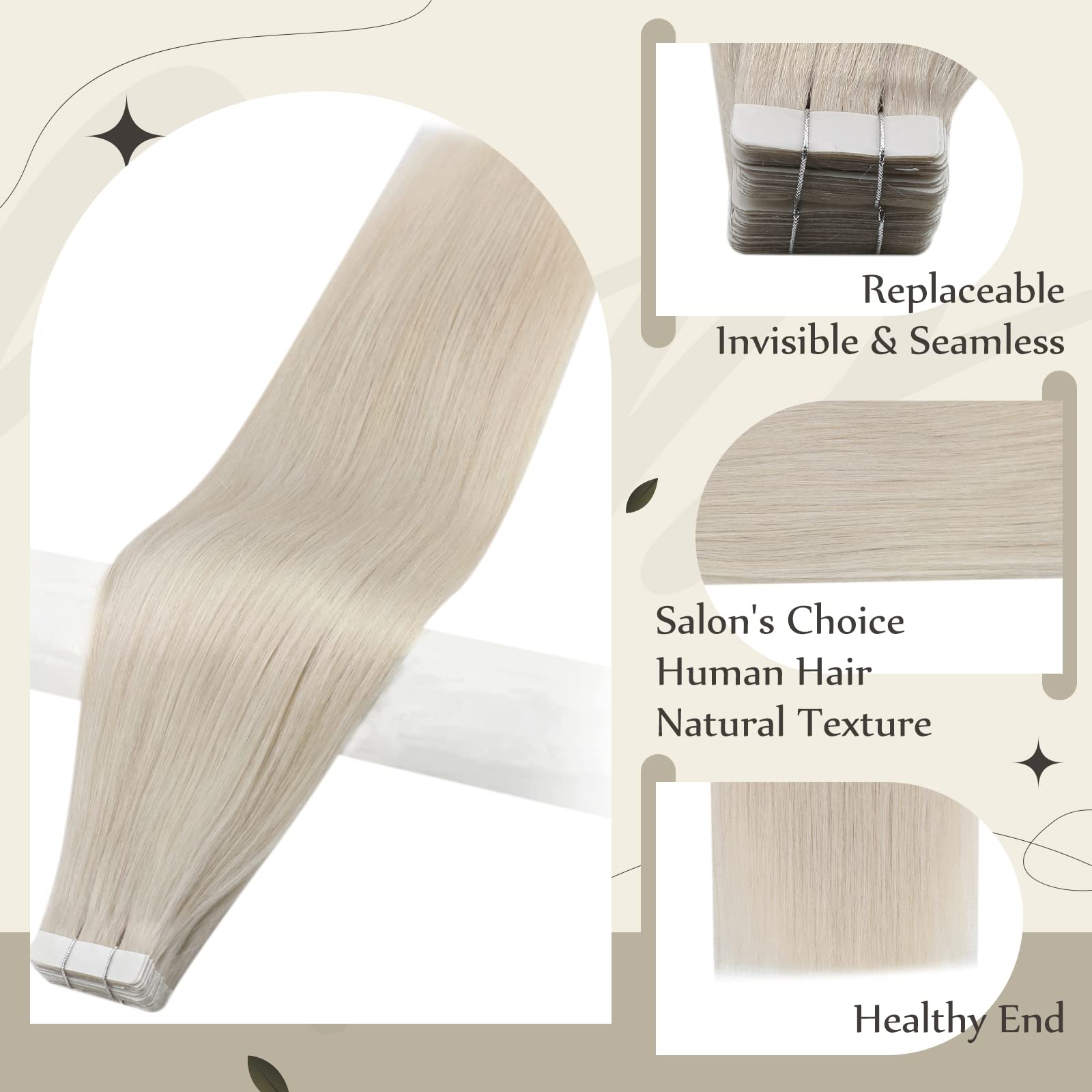 Full Shine 2-Pack 100g Platinum Blonde Tape-In Hair Extensions (20+22 Inch) - 100% Remy Human Hair for Length & Volume - Perfect for Parties, Weddings & Daily Styling