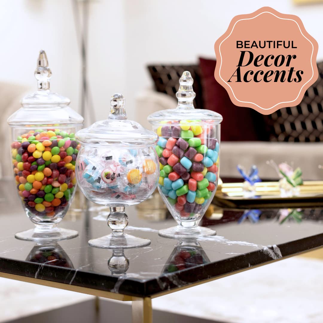 Apothecary Candy Jars with Lids - 20 oz, 24 oz, 28 oz Glass Canisters for Candies, Cookies, Toiletries & Home Decor - Perfect for Kitchen, Bathroom & Party Display