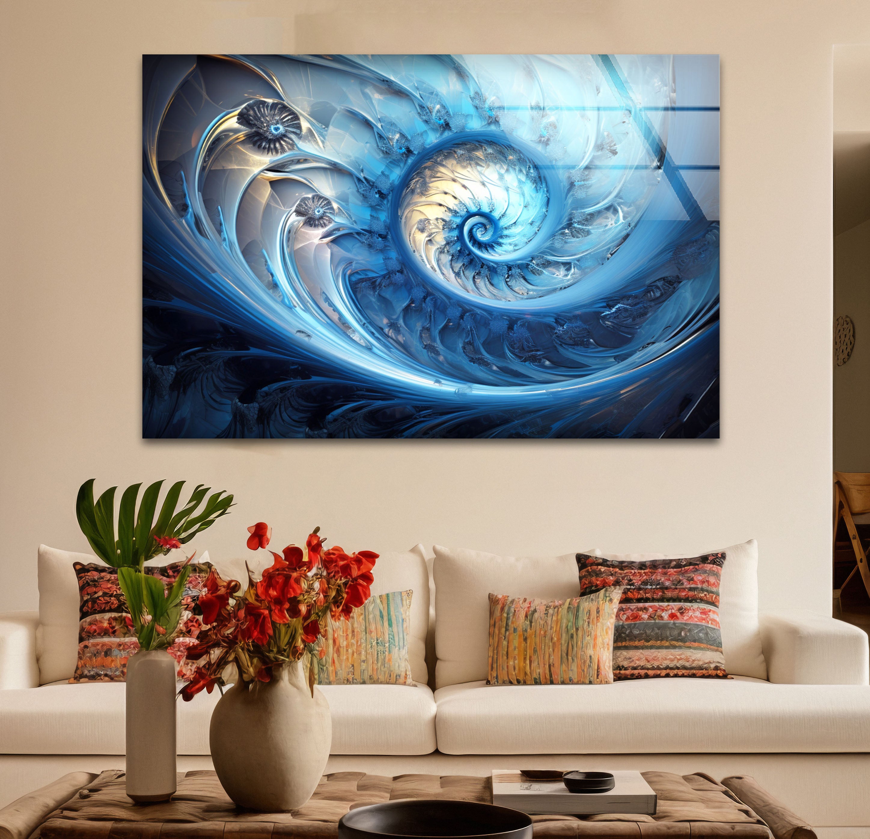 Blue Fractal Spiral Wall Art - Abstract Nautilus Glass Print for Modern Living Room & Office Decor | Perfect for Contemporary Home & Workspace Interiors