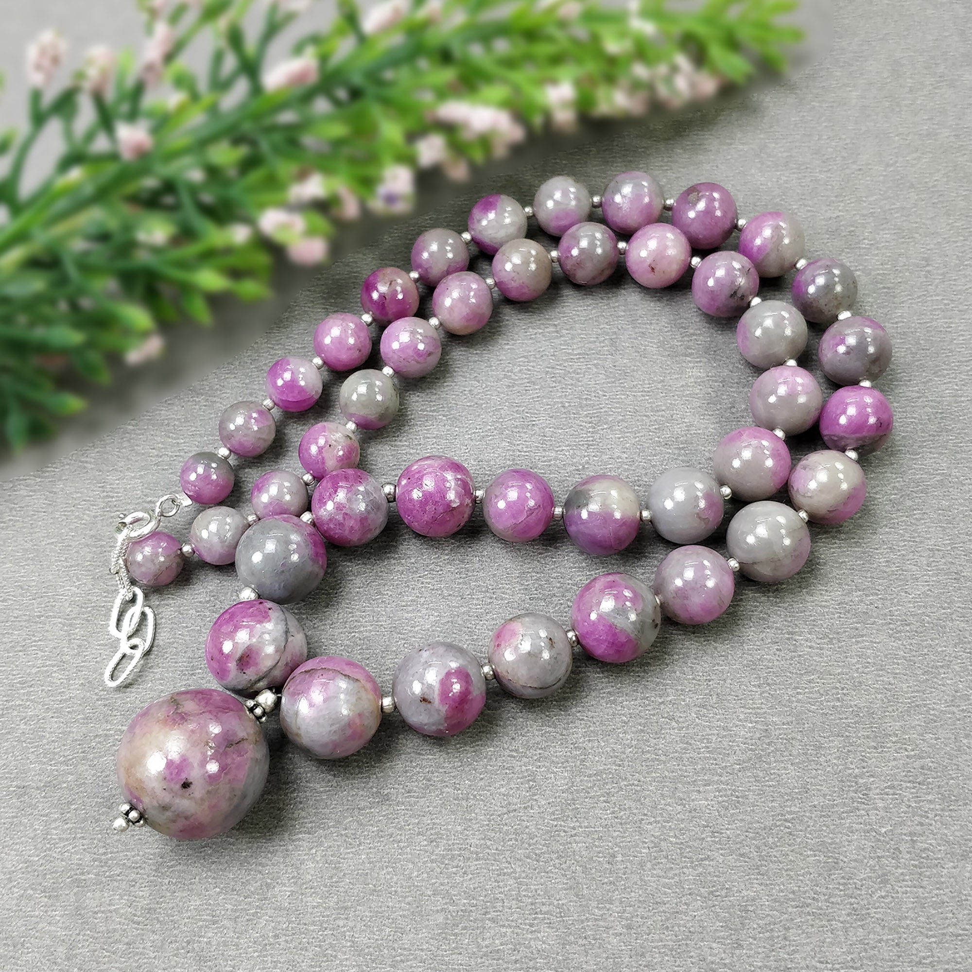 Natural Untreated Bi-Color Zoisite Ruby Gemstone Necklace - 334.15cts Genuine Ruby Balls with 925 Sterling Silver (7mm, 17mm, 18mm) | Elegant Jewelry for Women, Perfect Gift for Birthday, Anniversary & Special Occasions