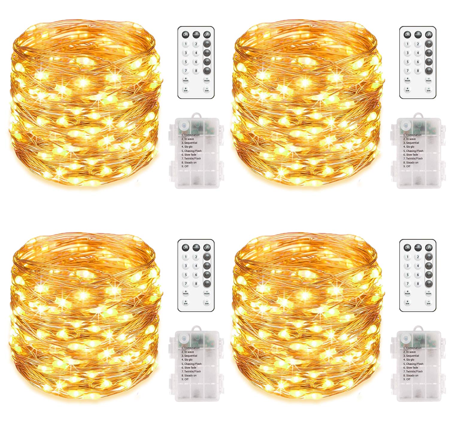 MUMUXI 4 Pack 20 ft Battery Operated Fairy String Lights with Remote Control & Timer - 60 LED Twinkle Lights, Waterproof Outdoor Copper Wire Firefly Lights in Warm White - Perfect for Bedroom, Wedding, Party, Garden, and Christmas Decorations