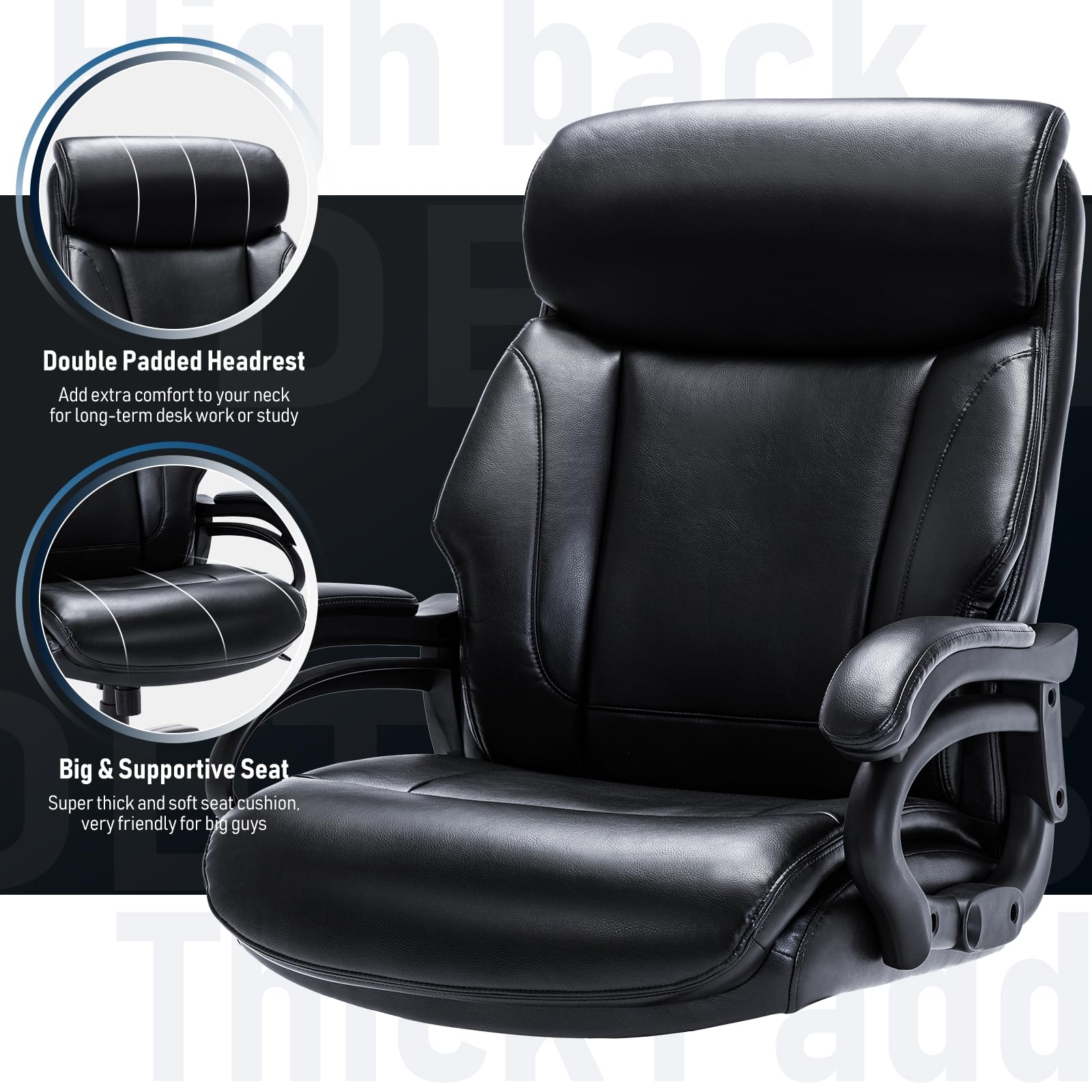 Heavy Duty Big and Tall Office Chair 400lbs - Extra Wide Seat Executive Desk Chair with High Back Ergonomic Support - Leather Computer Chair with Tilt Rock & Tension Control, Padded Armrests - Black - Perfect for Home Office, Gaming, and Long Work Sessions