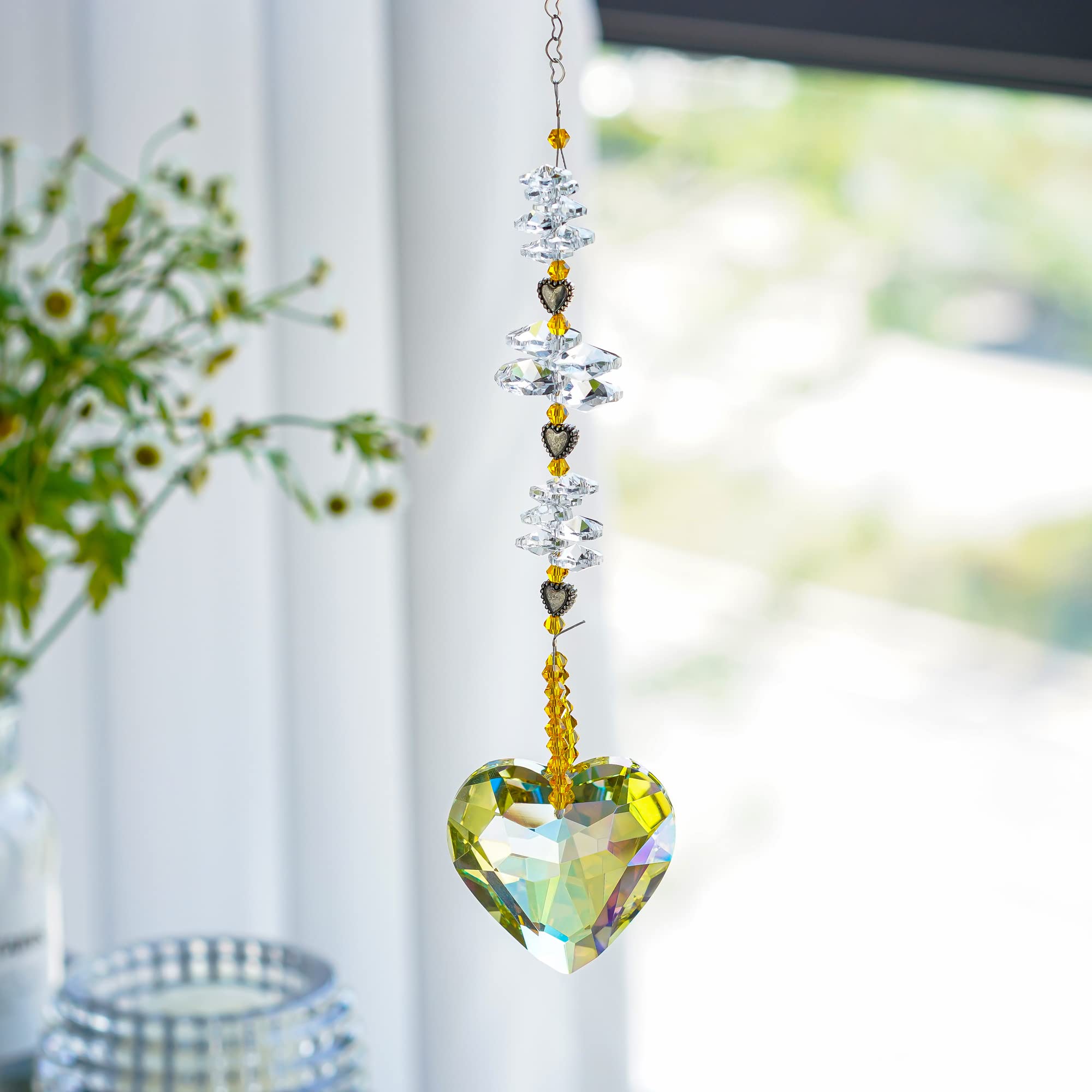 45mm Yellow Heart Crystal Suncatcher - Handmade Rainbow Maker Prism for Windows, Outdoor & Indoor Hanging Decor - Perfect for Home, Garden, Nursery & Meditation Spaces