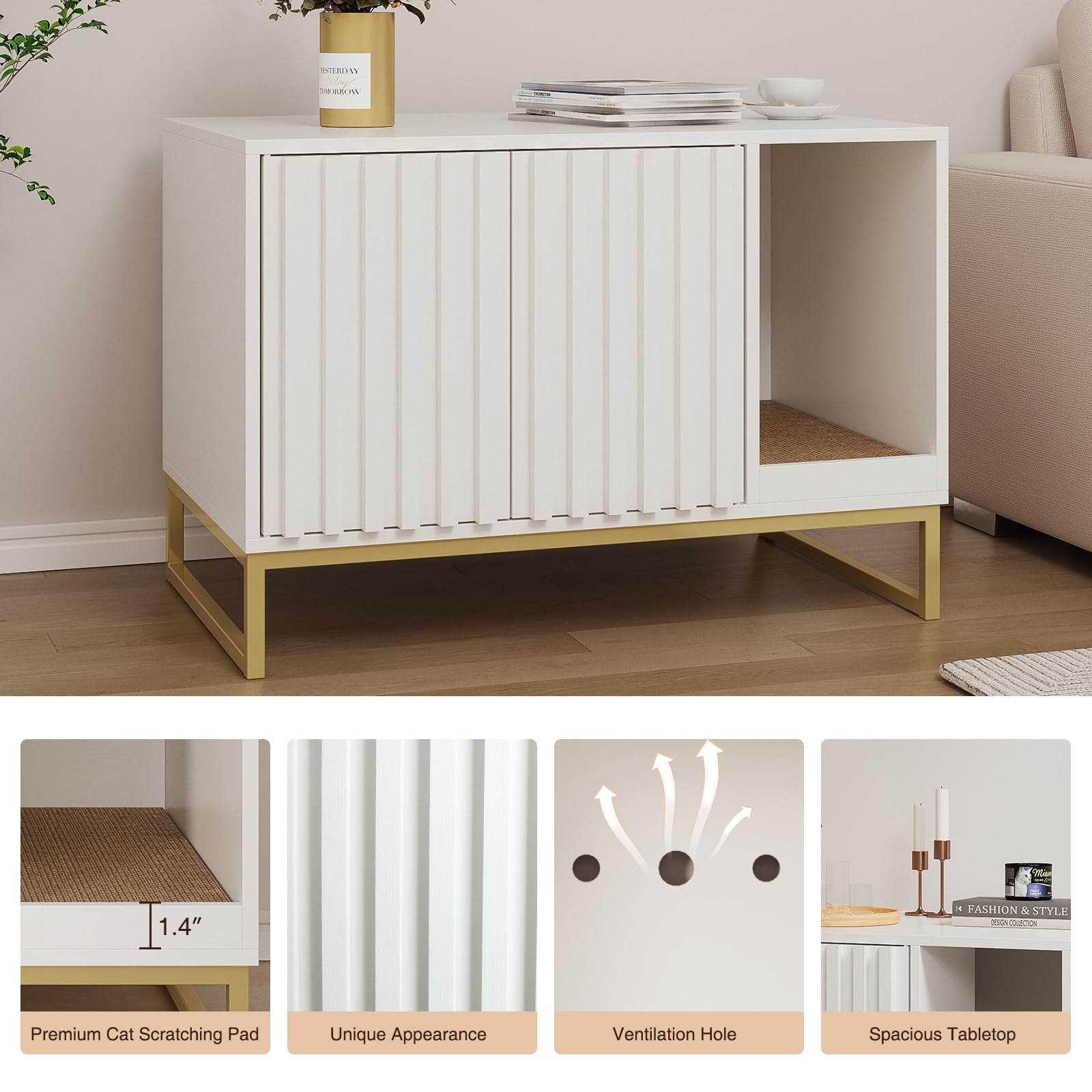 Modern Cat Litter Box Enclosure Furniture - Hidden Litter Box with Scratch Pad, Washroom House End Table & Entryway Bench for Living Room - White | Stylish Pet Furniture for Small Spaces & Home Decor