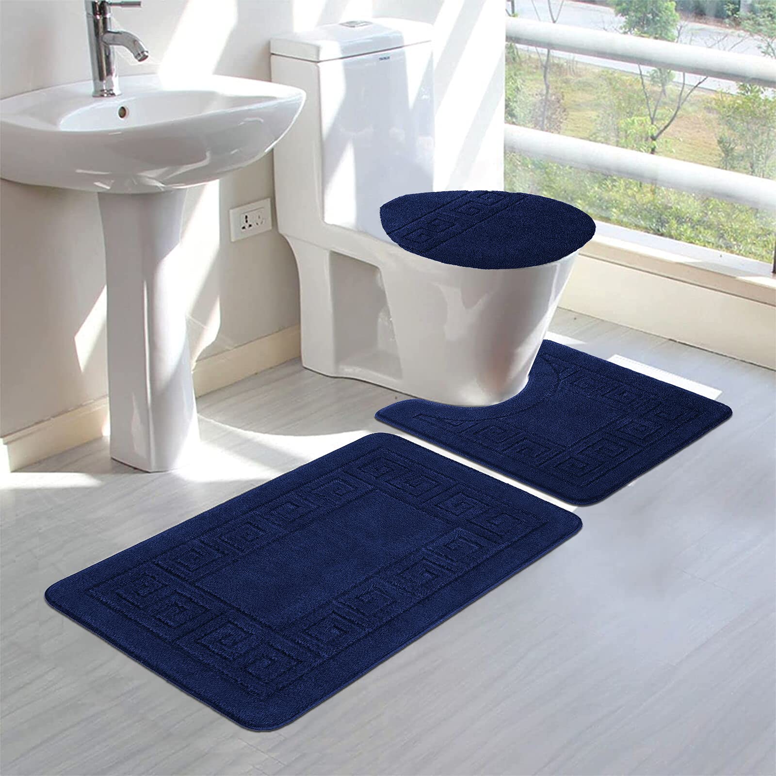 Premium 3-Piece Non-Slip Bathroom Rug Set with U-Shaped Toilet Cover - Super Absorbent Machine Washable Bath Mats for Bathroom Floor - Navy Blue - Perfect for Bathroom Safety and Comfort