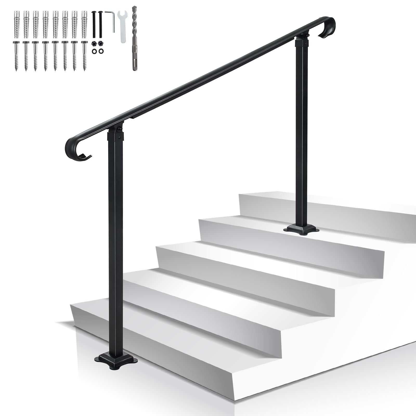 Adjustable 5-Step Wrought Iron Handrail for Outdoor Steps & Decks | Heavy Duty Stair Railing for 4-6 Steps | Perfect for Patio, Garden & Front Entrance Safety