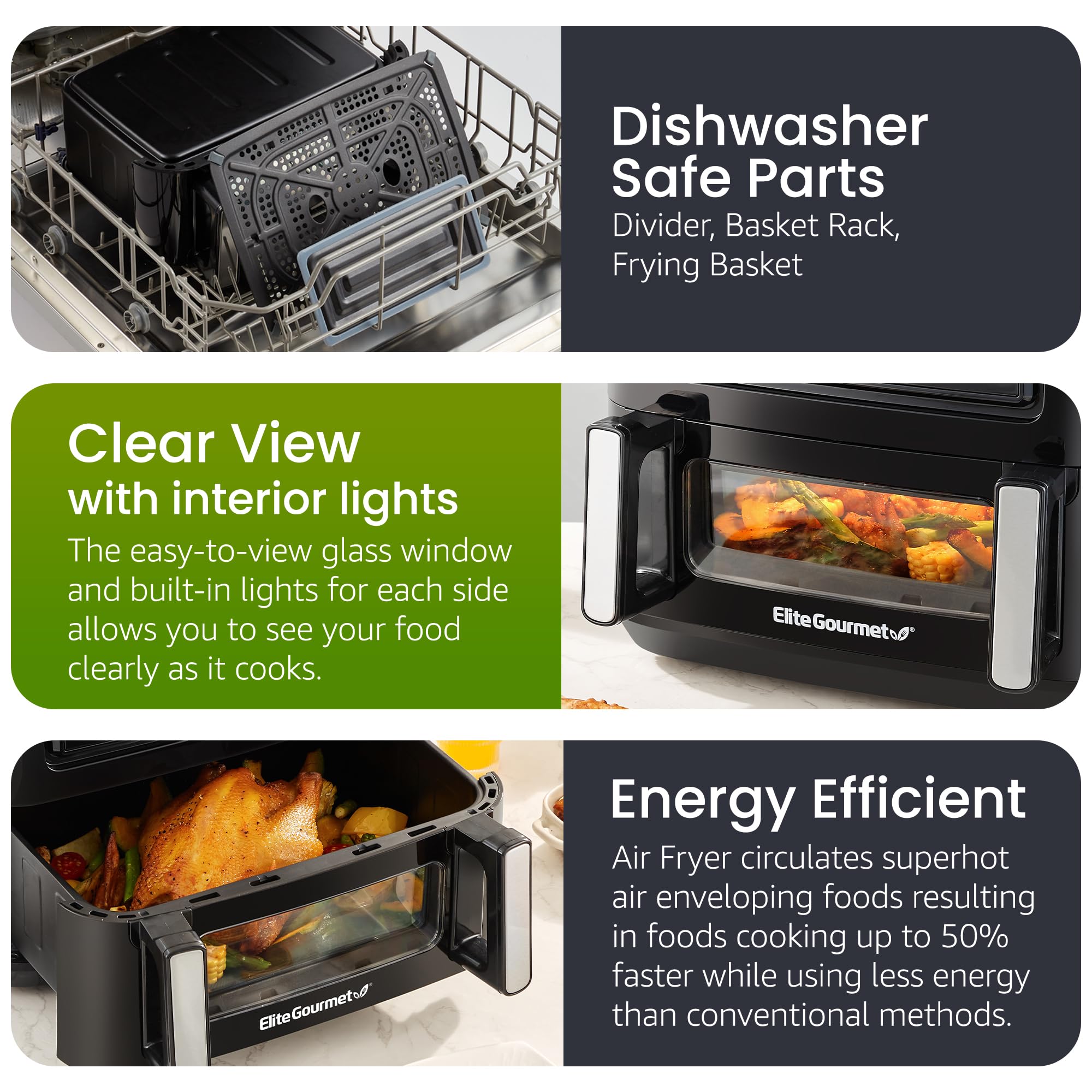 Elite Gourmet EAF1055D 11QT Dual Zone Air Fryer Oven - 2 Independent Cook Zones, Dishwasher Safe Basket, 10 Preset Functions, 1600W - Perfect for Family Meals, Healthy Cooking & Quick Snacks - Includes Recipe Booklet (Black)