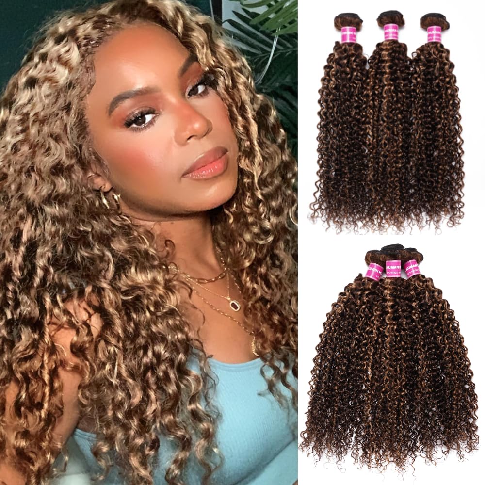 Julia Hair Highlight Honey Blonde 12A Brazilian Curly Human Hair Weave Extensions - 3 Bundles (14/16/18 Inch) for Sew-in, Jerry Curly Style - Perfect for Daily Wear, Parties & Special Occasions