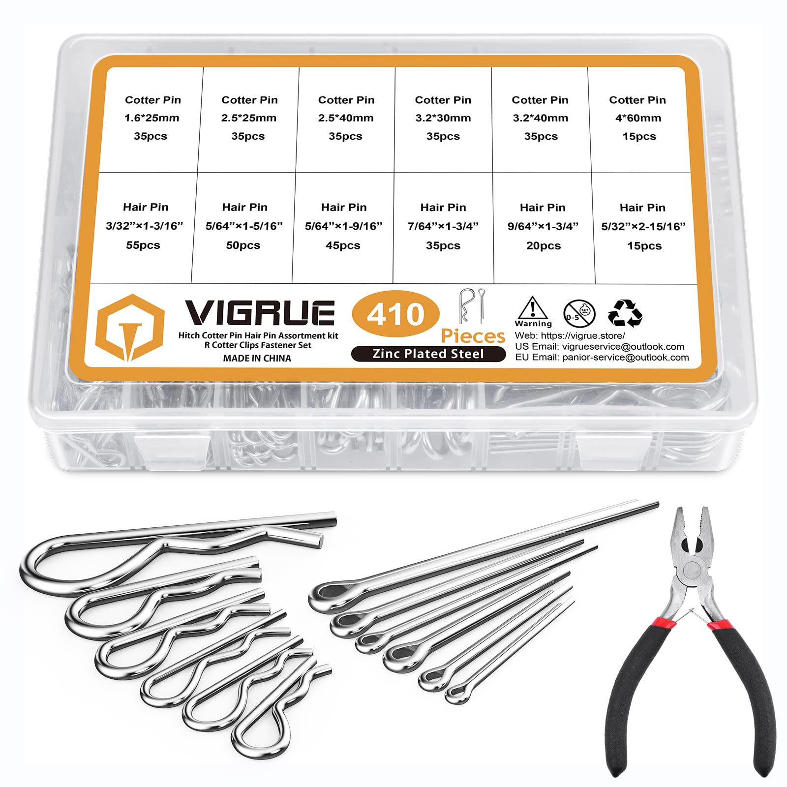 410Pcs Cotter Pins Assortment Kit - Zinc Plated Steel Hitch Pin R Clips with Plier for Trailer, Truck, Lawn Mower - Heavy Duty Fasteners for Automotive, Machinery & DIY Repairs