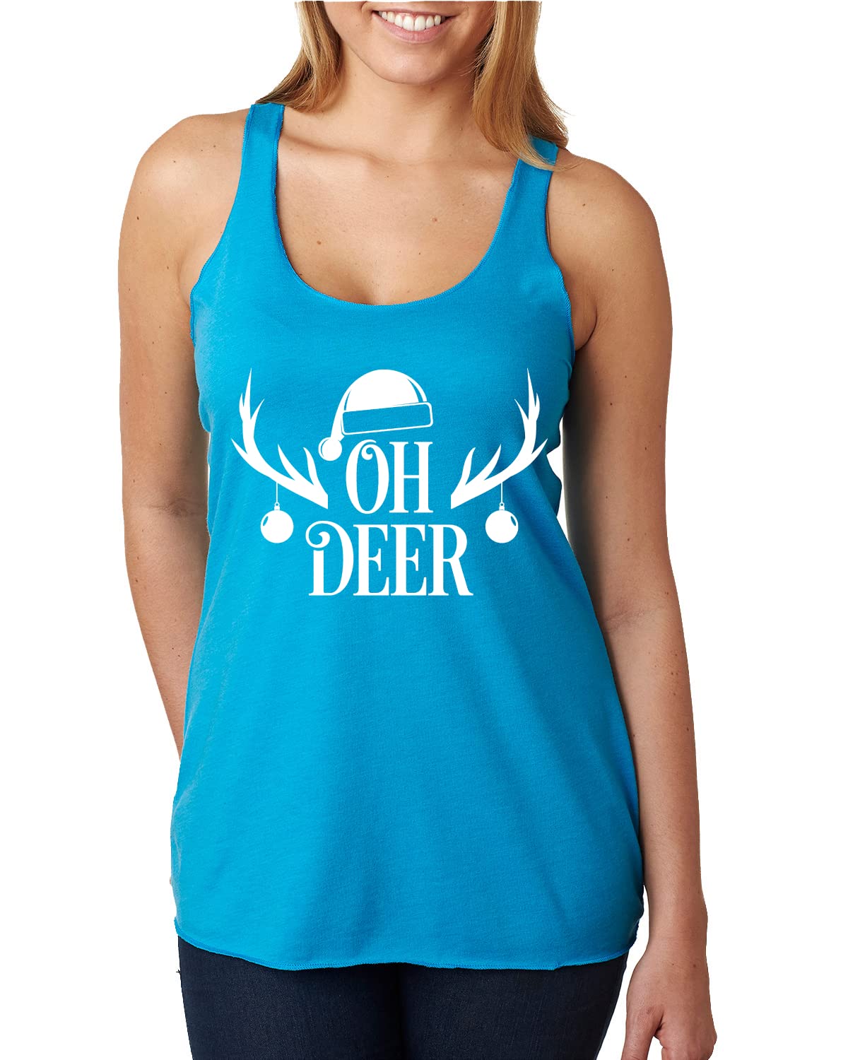 Oh Deer Reindeer Santa Christmas Tri-Blend Racerback Tank Top for Women - Festive Holiday Party Outfit & Casual Summer Wear