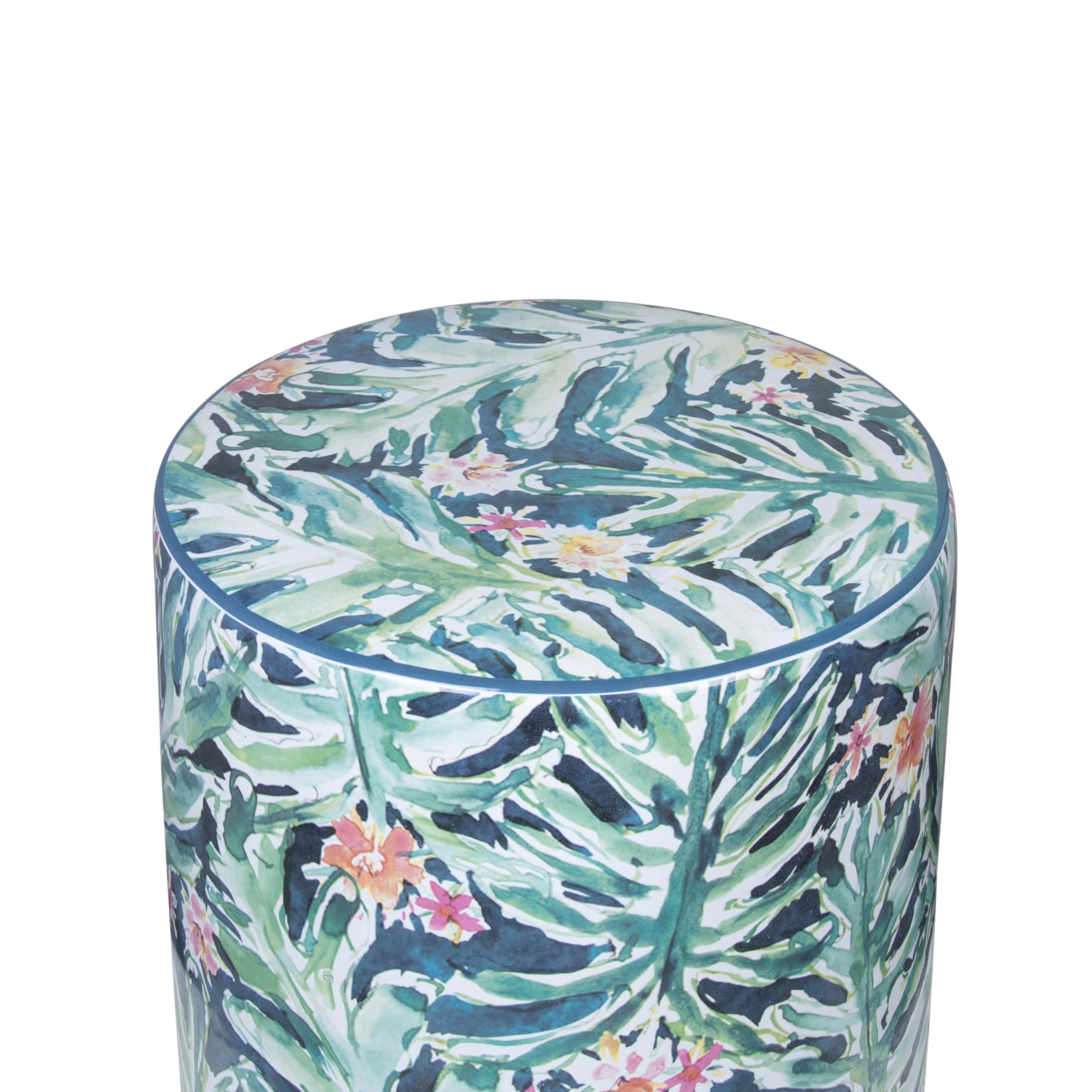 Tov Furniture Taurus Ceramic Stool with Garden Print - Decorative Outdoor & Indoor Accent Stool for Patio, Garden, Living Room, or Entryway