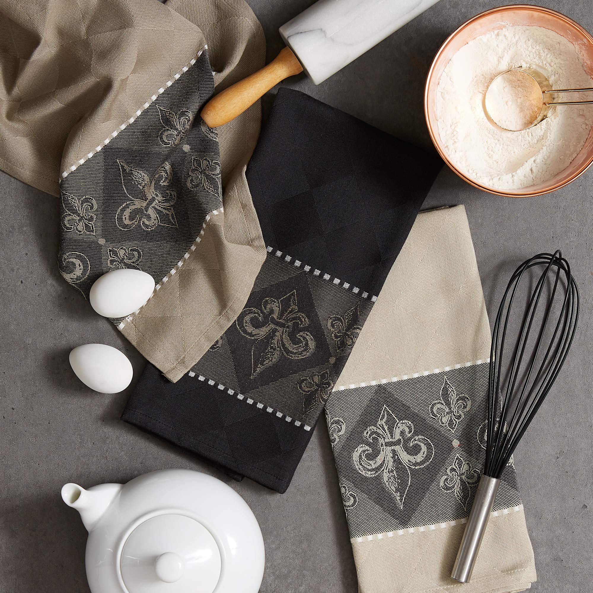 DII Cotton French Jacquard Dish Towels Set of 3 - Decorative Kitchen Tea Towels for Cooking, Baking & Drying Dishes - French Macaroon Design - Perfect for Everyday Use, Hosting & Gift Giving