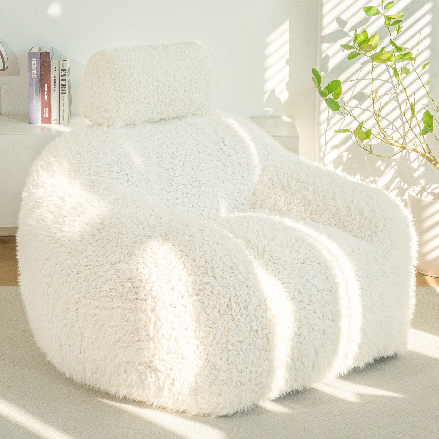 MAXYOYO Fluffy Comfy Large Bean Bag Chair with Pillow - Oversized Memory Foam Lounger for Adults & Teens - Perfect for Reading, Gaming, Movie Nights & Bedroom Relaxation - Beige