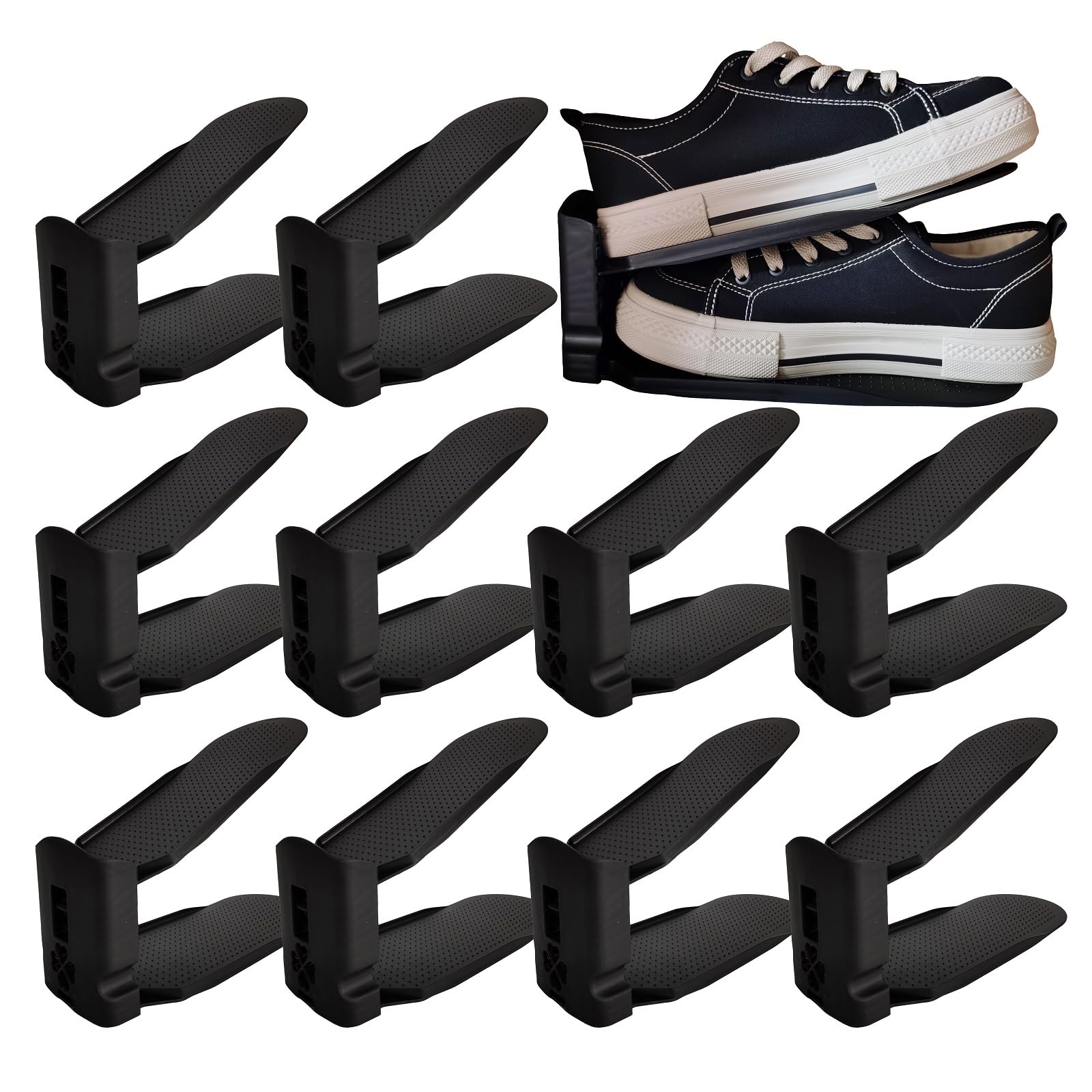 Adjustable Double Layer Shoe Stackers - Space Saving Shoe Organizer for Closet (10 Pack, Black) | Perfect for Small Spaces, Shoe Storage & Closet Organization