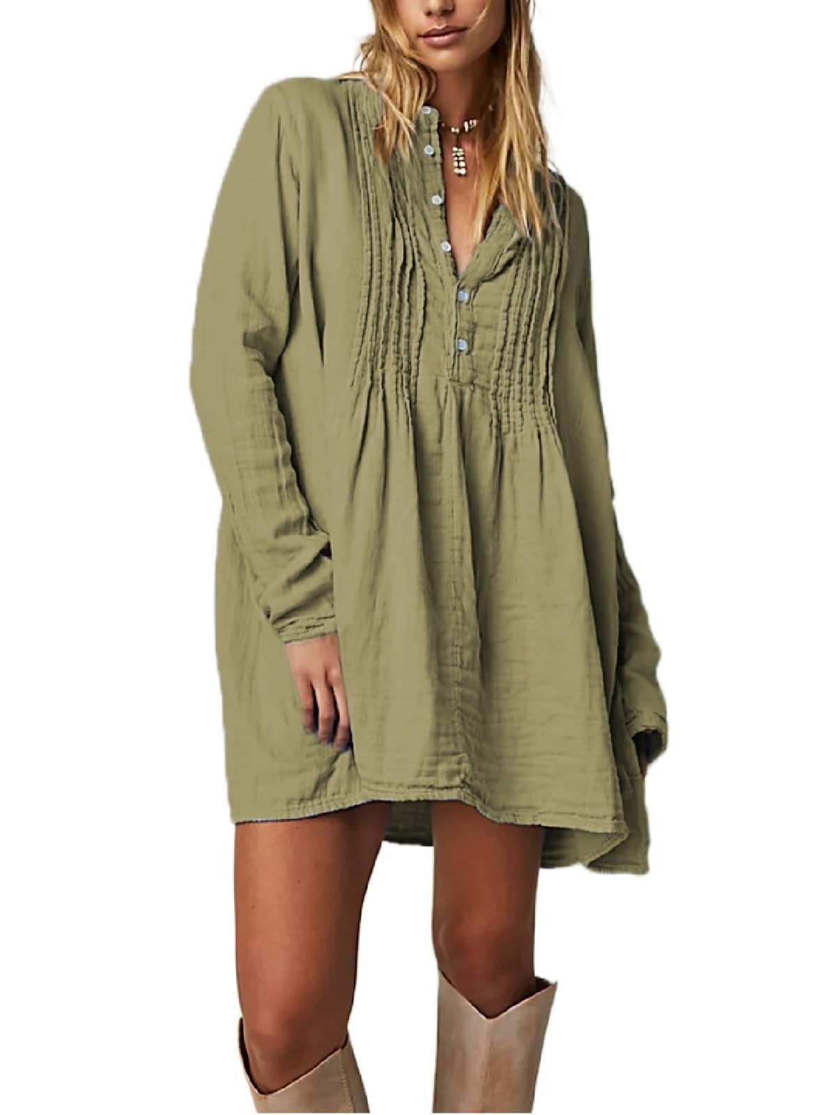 Women's Floral Loose Button Down Shirt Dress - Long Sleeve Solid Color Tunic Mini Dress for Casual Wear, Office & Date Night