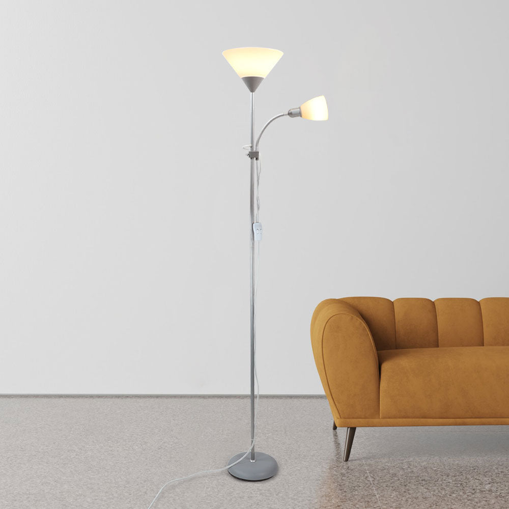 DLLT Modern LED Floor Lamp with Adjustable Reading Light - Torchiere & Gooseneck Standing Pole Light for Living Room, Bedroom, Office - Silver Finish | Perfect for Night Reading, Home Decor and Workspace Lighting