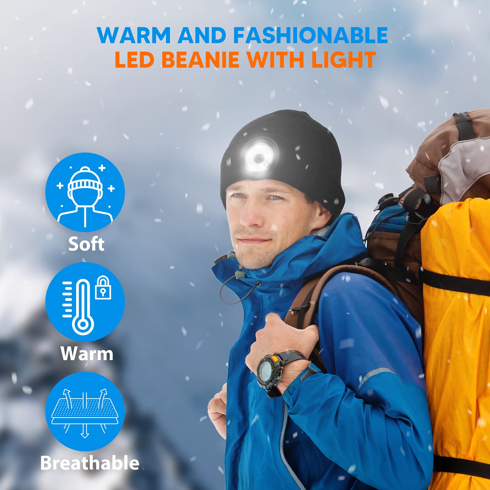 LED Beanie Hat with Light - Perfect Gift for Men, Dad & Husband - Christmas Stocking Stuffers - Ideal for Camping, Night Running & Outdoor Activities