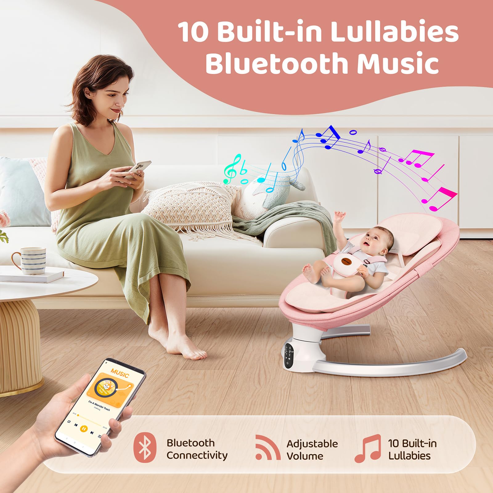 Electric Baby Swing for Infants - Smart Bluetooth Rocker with App Control, 5-Point Safety Harness, 10 Soothing Lullabies & 5 Speed Settings | Portable Infant Swing for Boys & Girls (Pink) | Perfect for Nursery, Travel & Soothing Fussy Babies