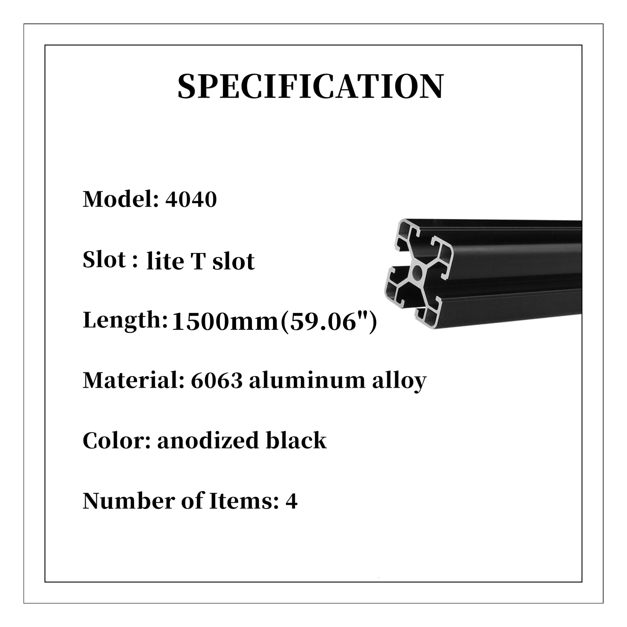 BELLA BAYS 4pcs 1500mm 4040 T-Slot Aluminum Extrusion Profile - Black Anodized European Standard Linear Rail Guide Frame for 3D Printer, Laser Engraver, CNC Workbench & DIY Projects | Perfect for Workshop, Maker Space & Industrial Applications