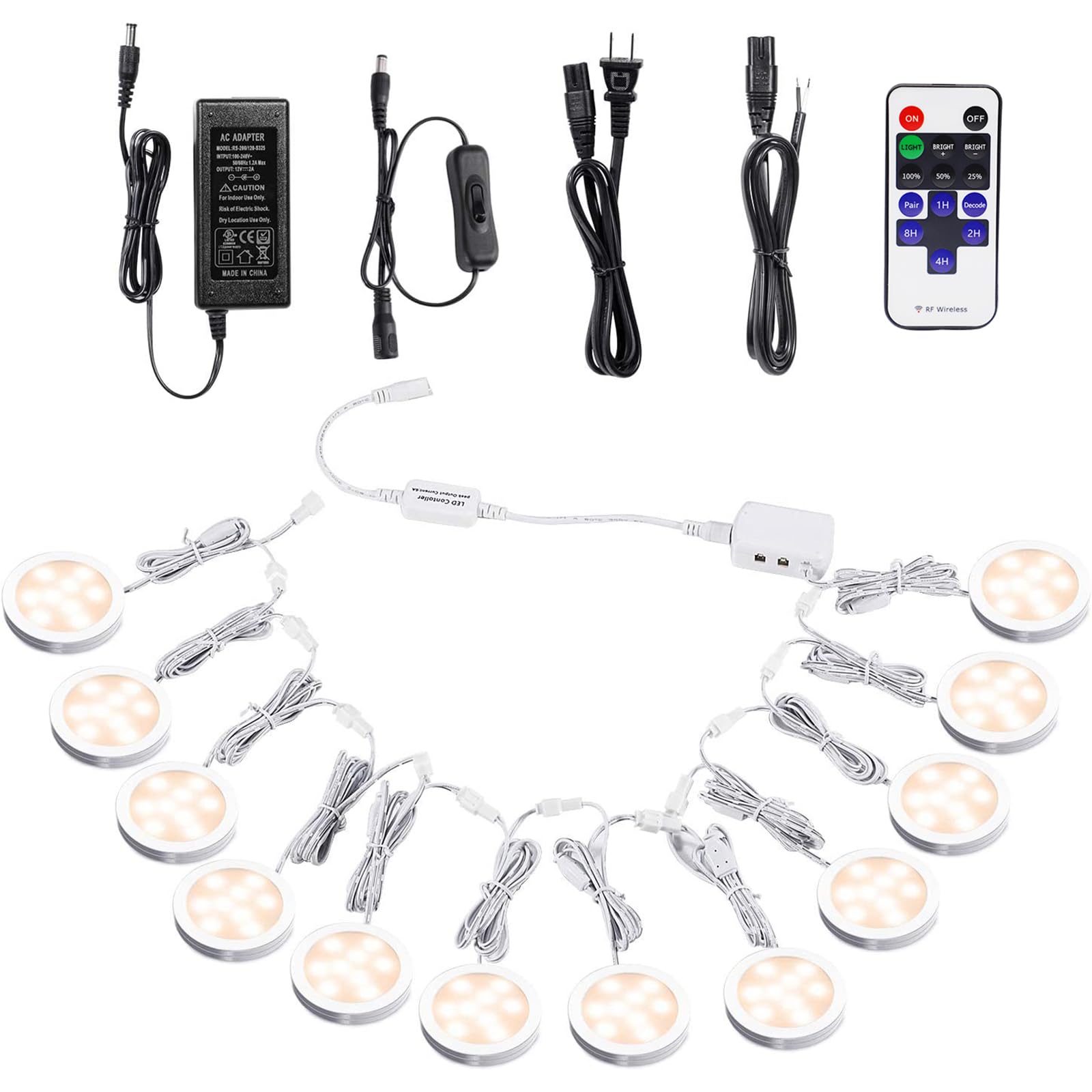 AIBOO Linkable Under Cabinet LED Lighting 12V Dimmable Puck Lights with Wireless RF Remote - Hardwired & Plug-in Kitchen Mood Lighting (Warm White, 12 Lights Kit) - Perfect for Countertop, Pantry & Display Shelf Illumination
