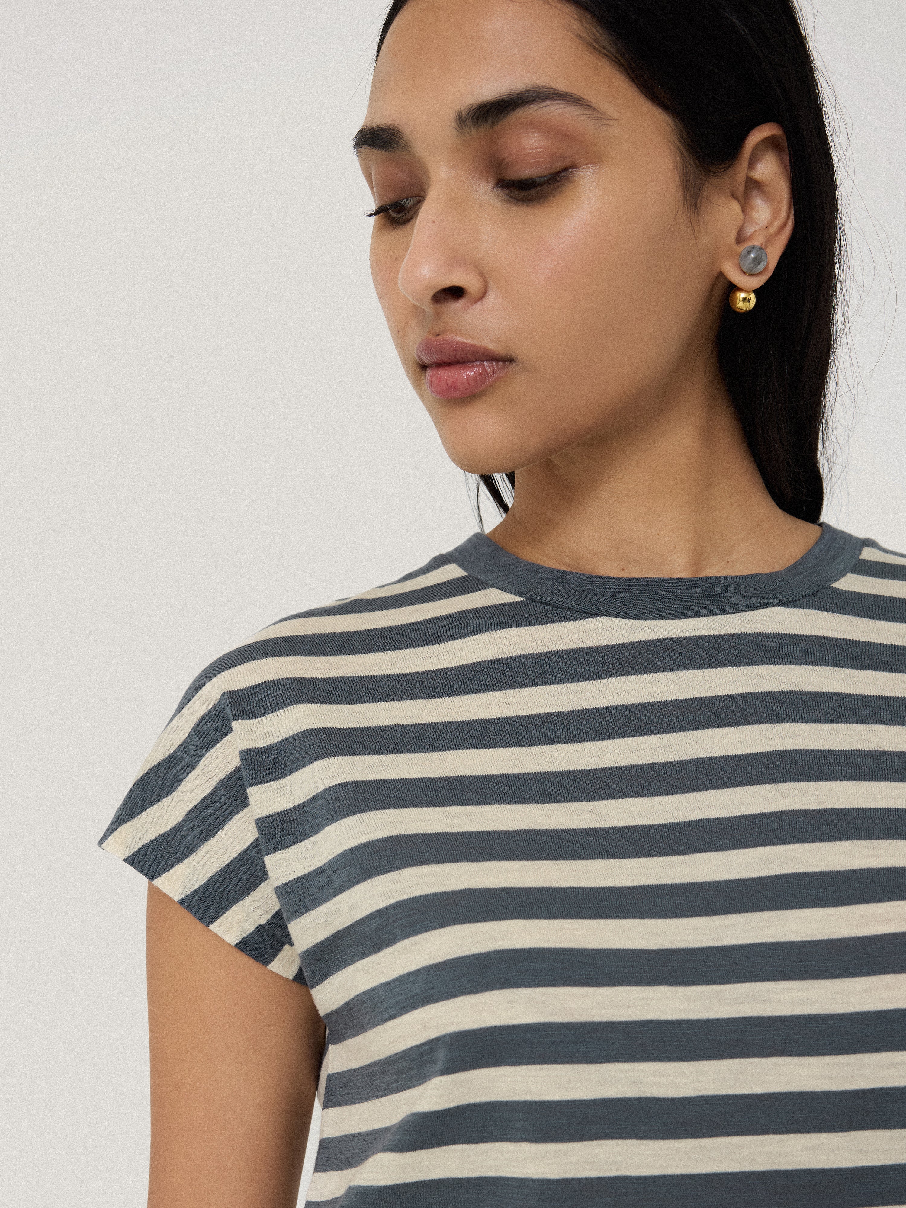 Cotton Slub Stripe Cap Sleeve T-Shirt for Women - Soft Breathable Grey Top | Casual Summer Outfit, Beach Wear, Everyday Fashion