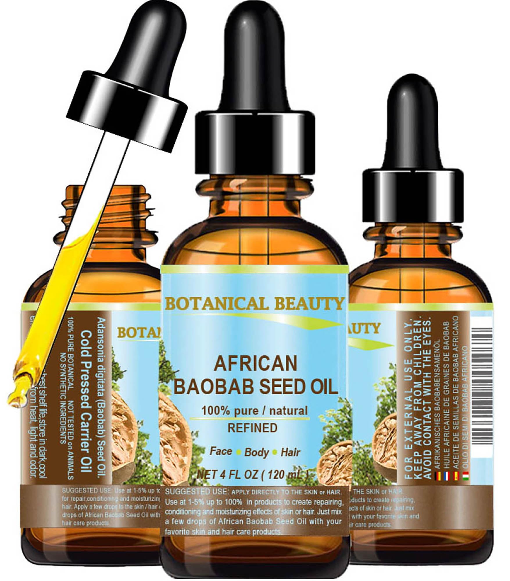 100% Pure Cold-Pressed Baobab Seed Oil - 4 Fl oz (120ml) Natural Carrier Oil for Face, Skin, Hair & Nails - Rich in Vitamin C & Antioxidants - Moisturizing & Anti-Aging Solution for Dry Skin & Hair Care Routine