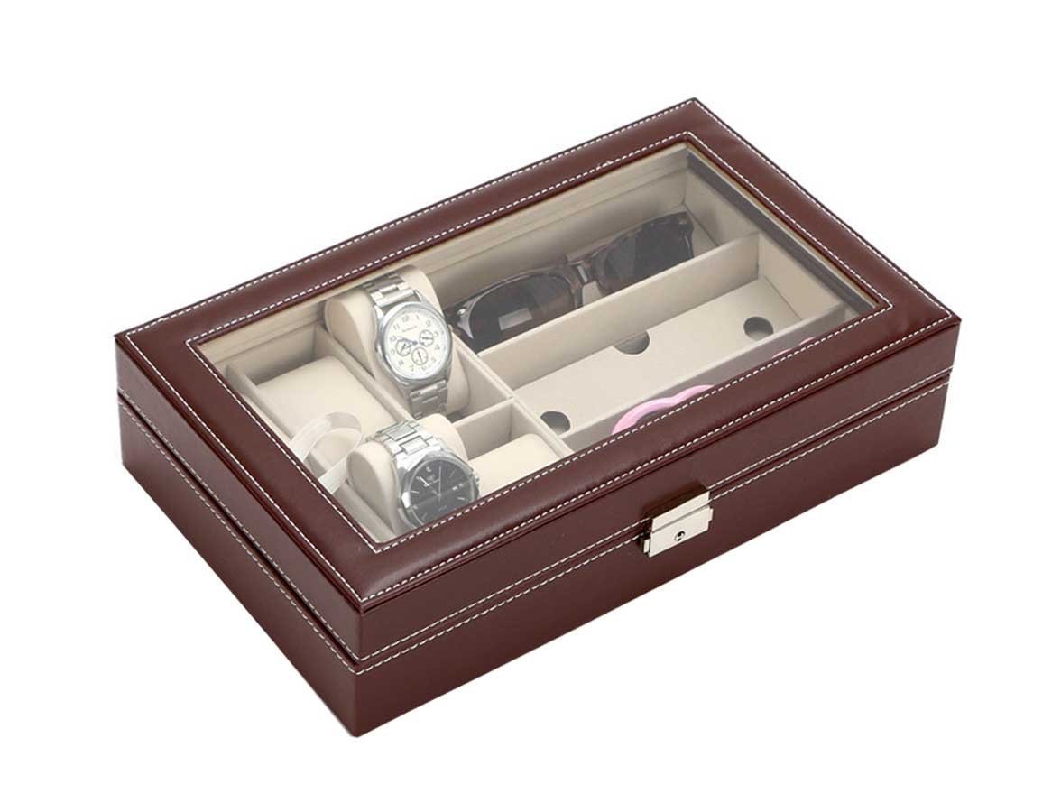 AUTOARK Genuine Leather 6-Slot Watch Box & 3-Piece Eyeglass Storage Organizer - Premium Sunglasses Display Case for Men & Women, Brown (AW-020) | Perfect for Home, Office & Travel Accessory Organization